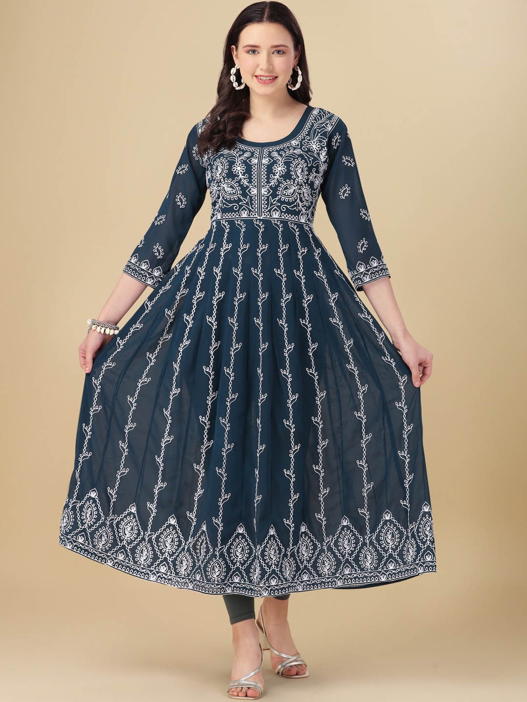 

FabFairy Ethnic Motifs Embroidered Georgette Anarkali Kurta, Blue