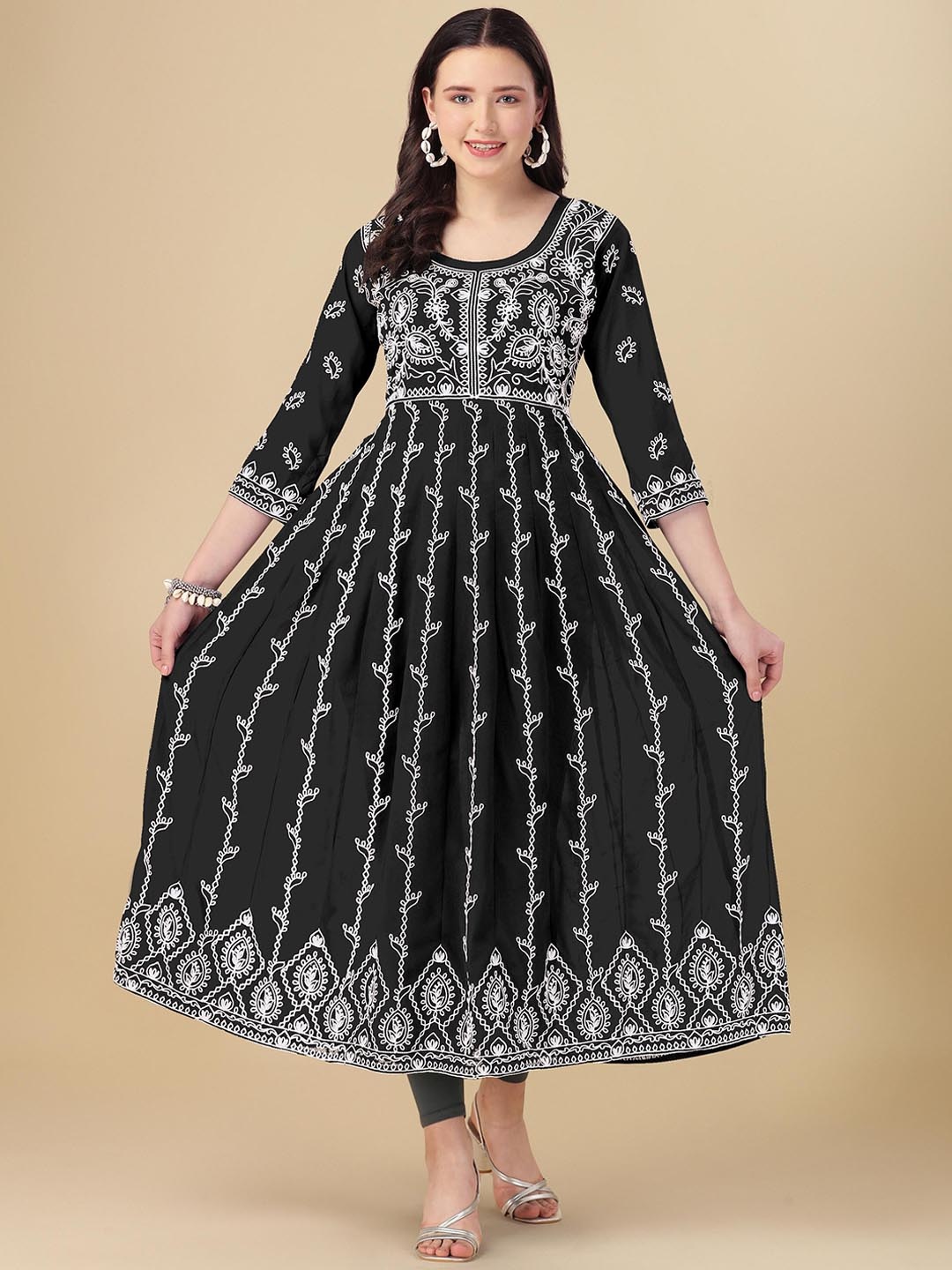 

FabFairy Ethnic Motifs Embroidered Georgette Anarkali Kurta, Black