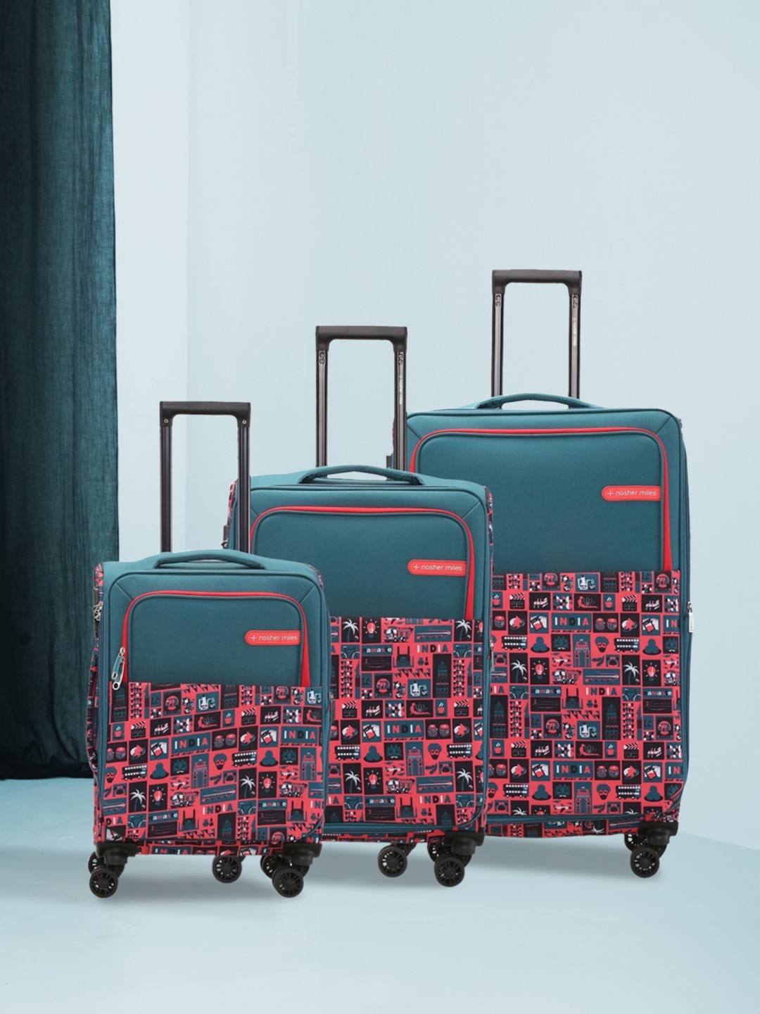 

Nasher Miles Set Of 3 Printed Soft-Sided Trolley Suitcases, Teal