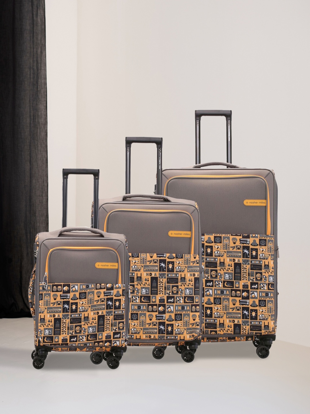 

Nasher Miles Set Of 3 Printed Soft-Sided Trolley Suitcases, Yellow