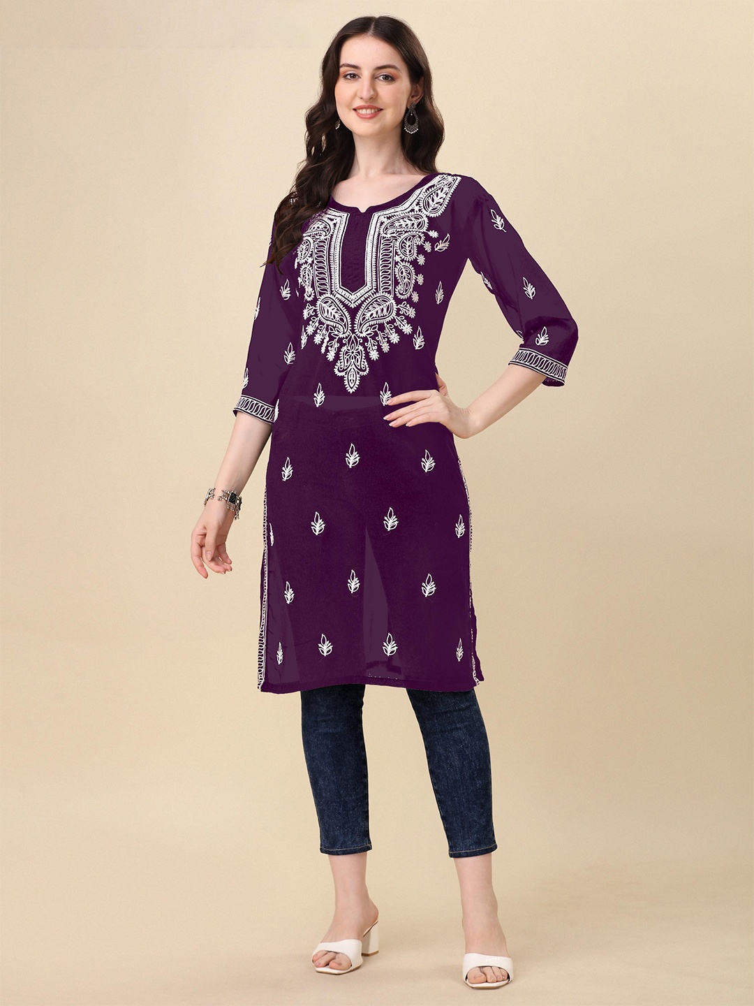 

FabFairy Ethnic Motifs Chikankari Embroidered Georgette Straight Kurta, Purple