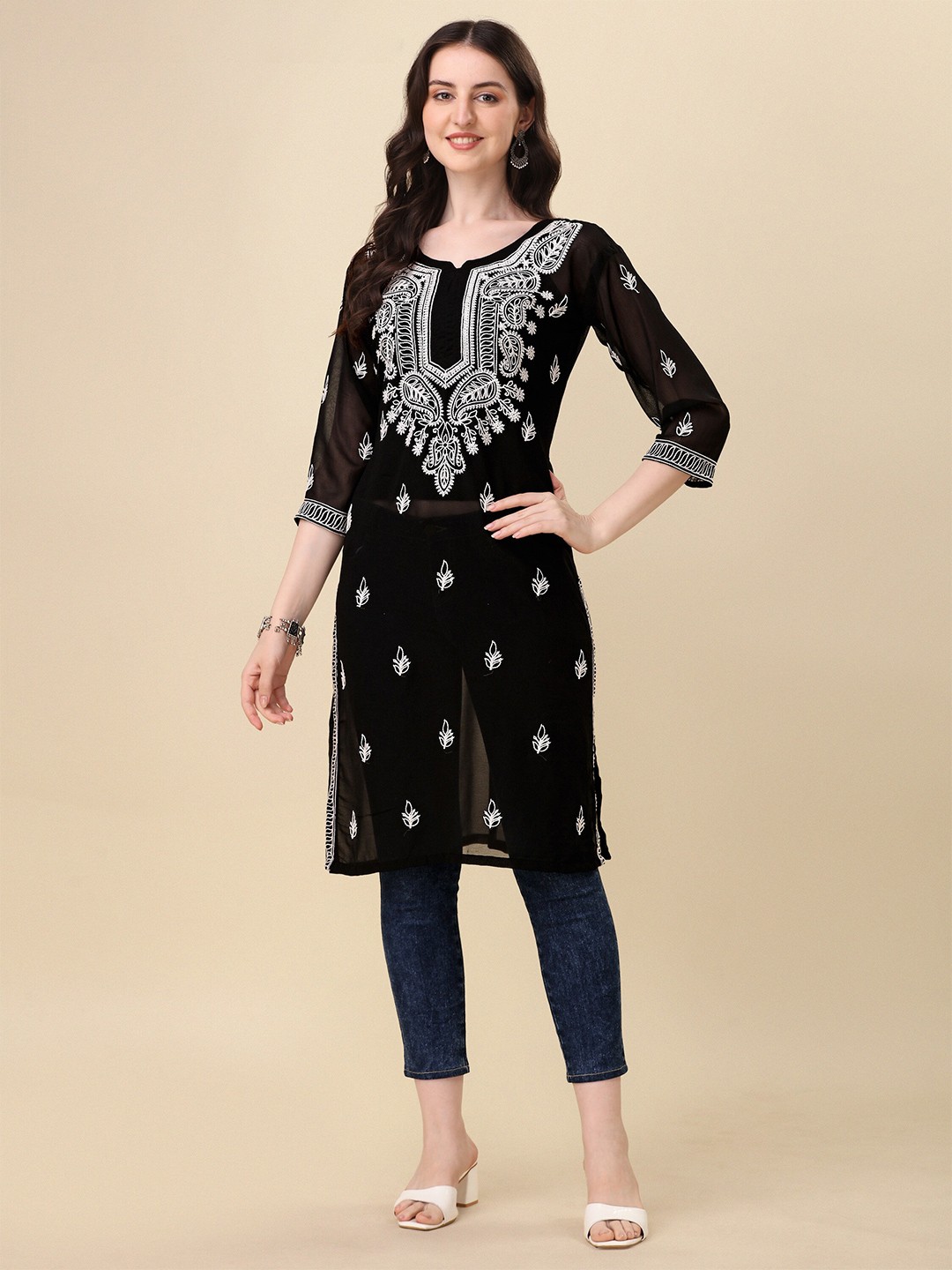 

FabFairy Ethnic Motifs Chikankari Embroidered Georgette Straight Kurta, Black