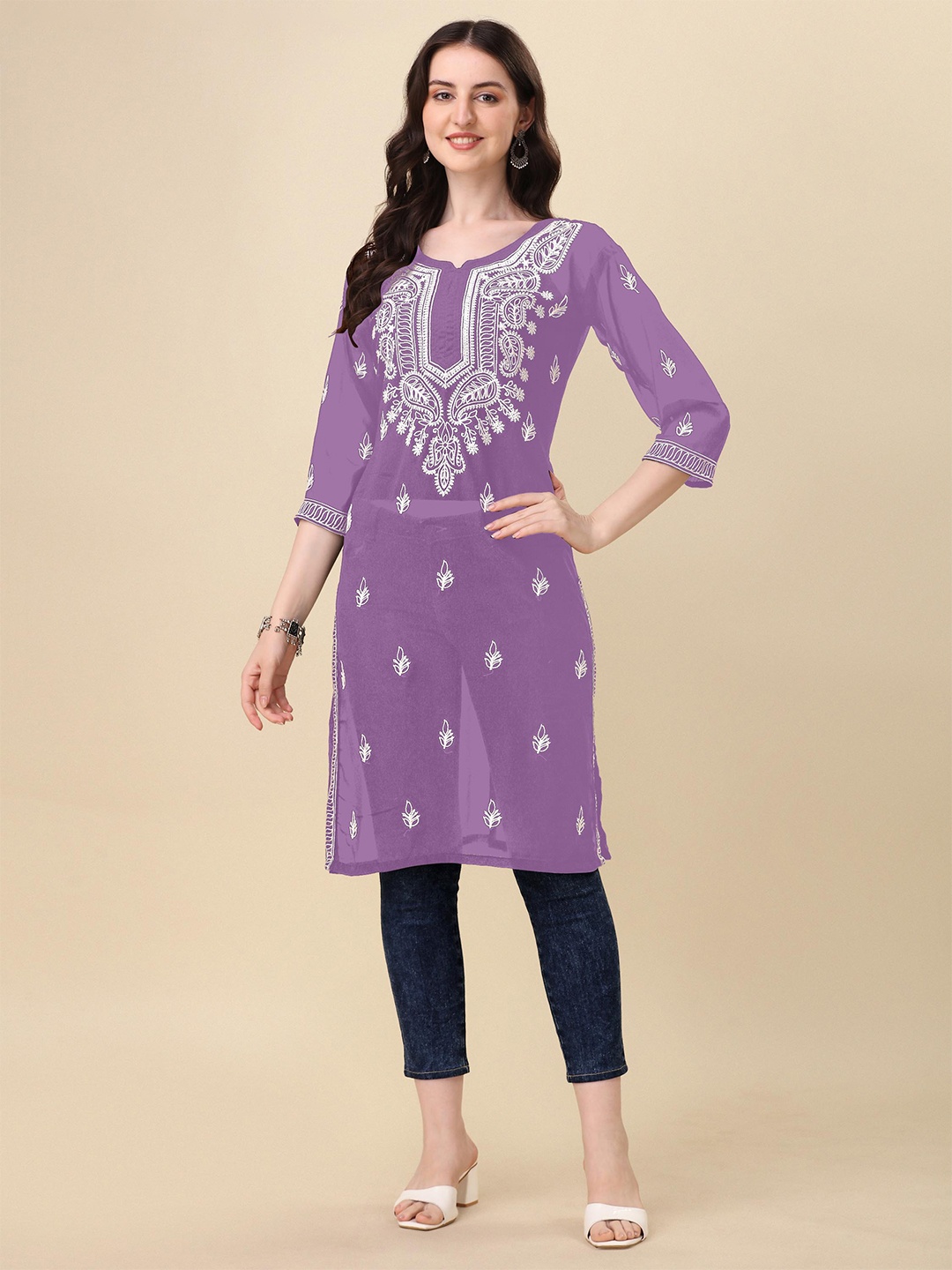 

FabFairy Ethnic Motifs Chikankari Embroidered Georgette Straight Kurta, Lavender