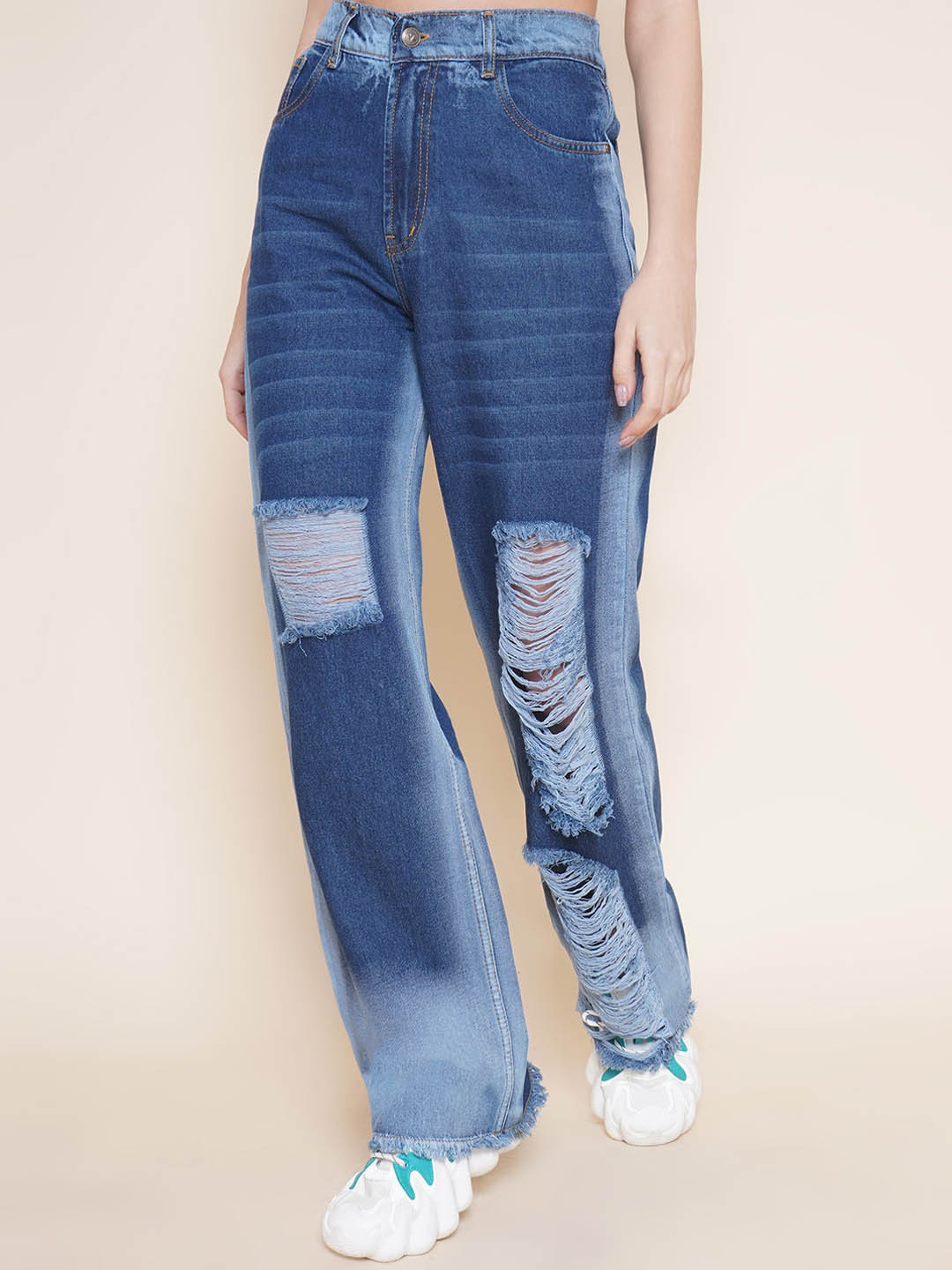 

VESTIDO MODAS Women High-Rise Straight Fit Highly Distressed Cotton Jeans, Blue