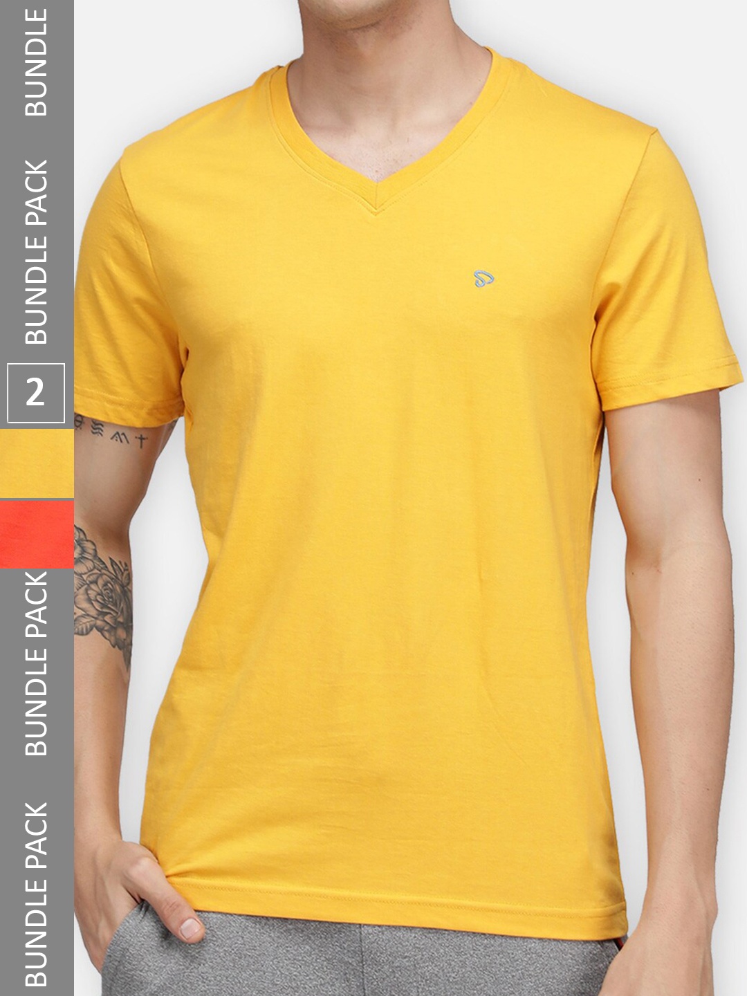 

SPORTO Pack Of 2 V-Neck Dry Fit Cotton T-Shirts, Yellow