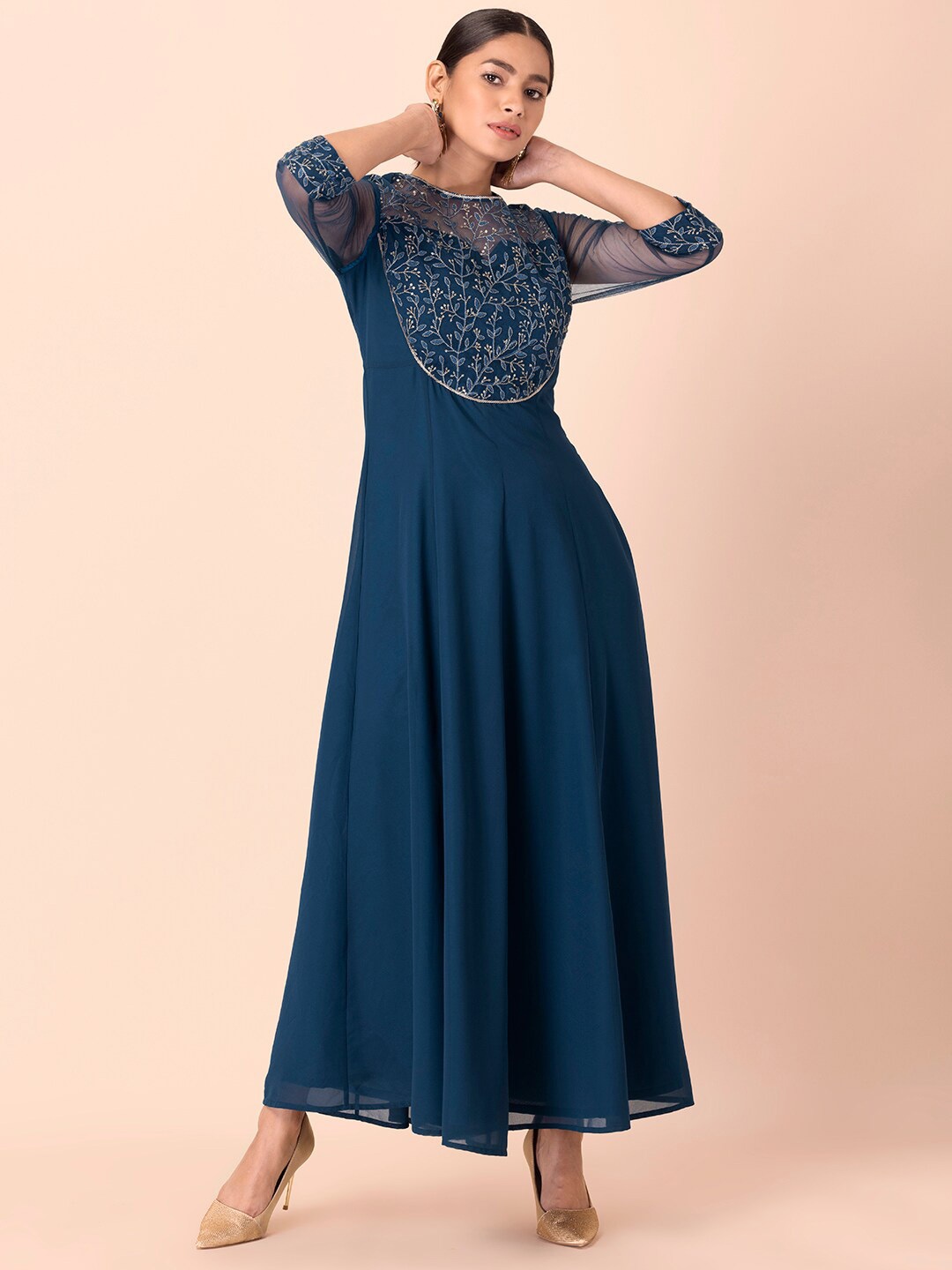 

INDYA Embroidered Maxi Anarkali Ethnic Dresses, Teal