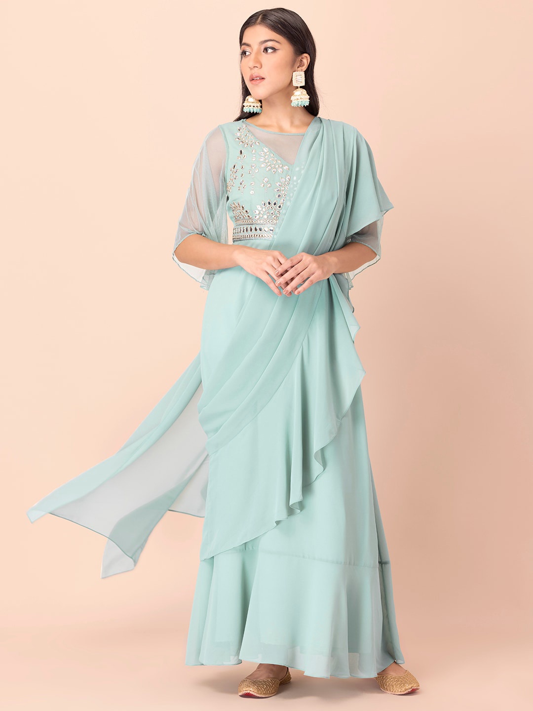 

INDYA Mirror Work Ready To Wear Saree, Green