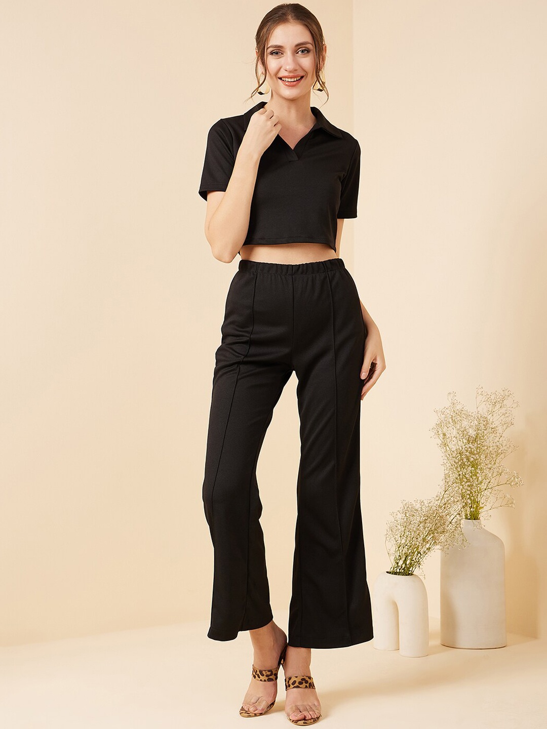 

RARE Black Shirt Collar Crop T Shirt With Trousers