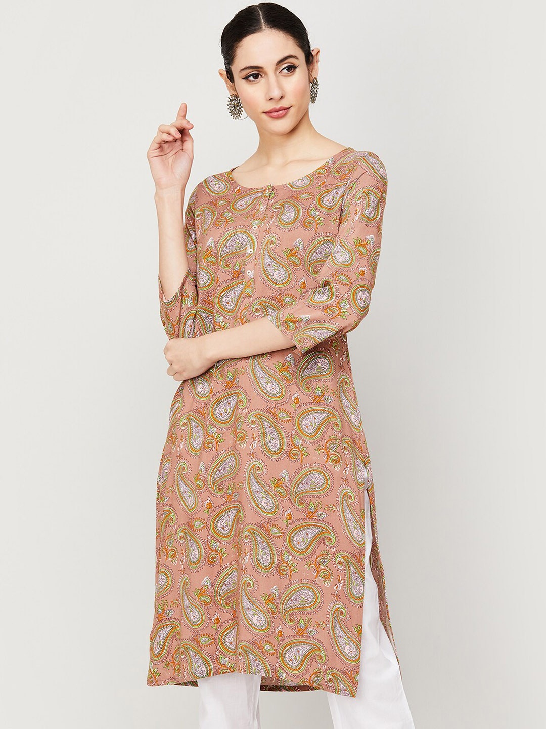 

Melange by Lifestyle Paisley Printed Round Neck Straight Kurta, Beige