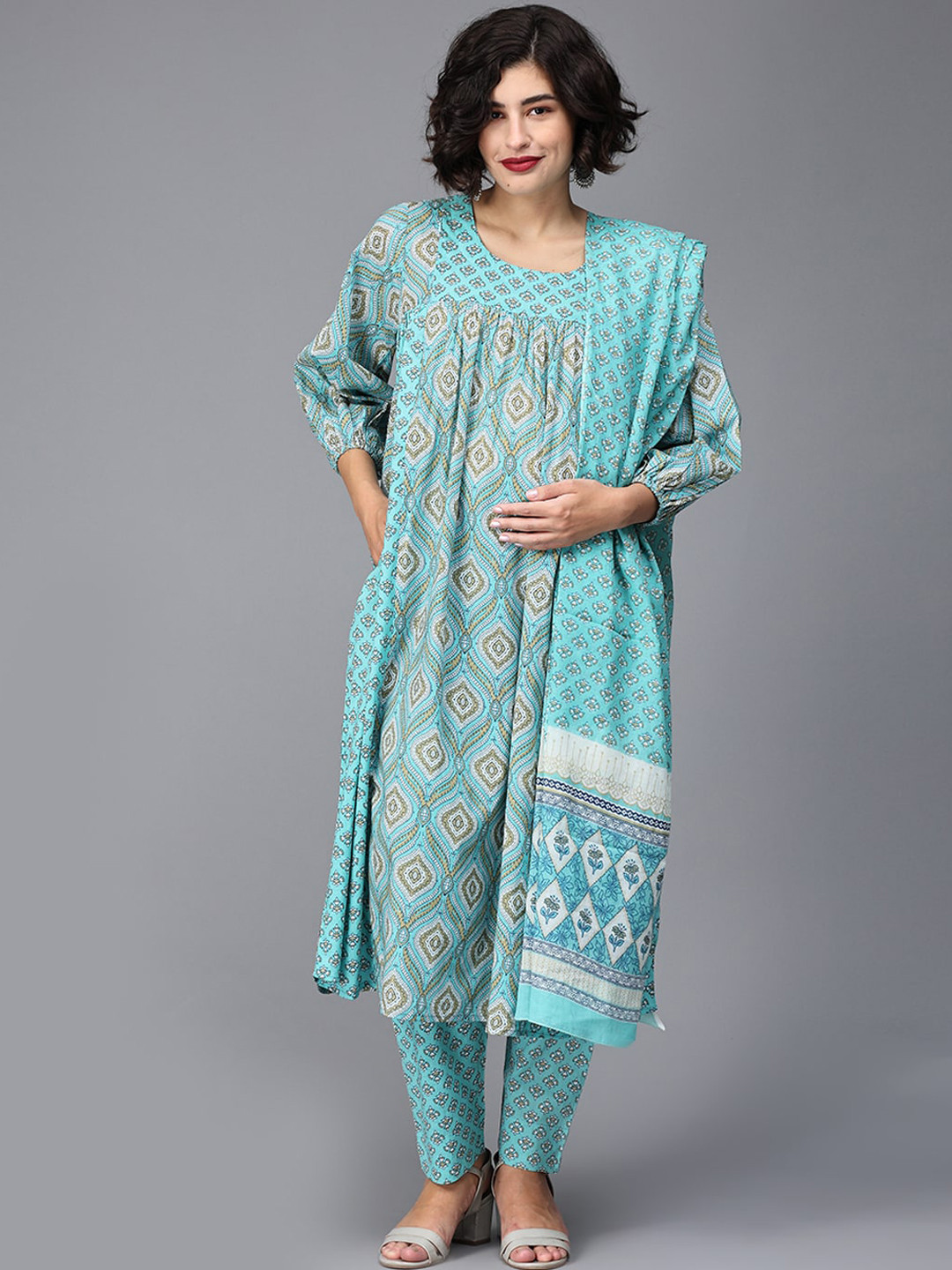 

The Mom Store Printed Pure Cotton Maternity A-Line Kurta with Trousers & With Dupatta, Blue