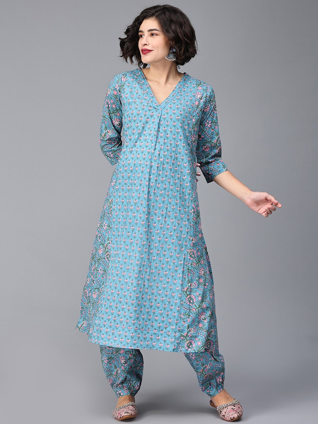 

The Mom Store Ethnic Printed Pure Cotton A-Line Kurta with Dhoti Pants, Blue