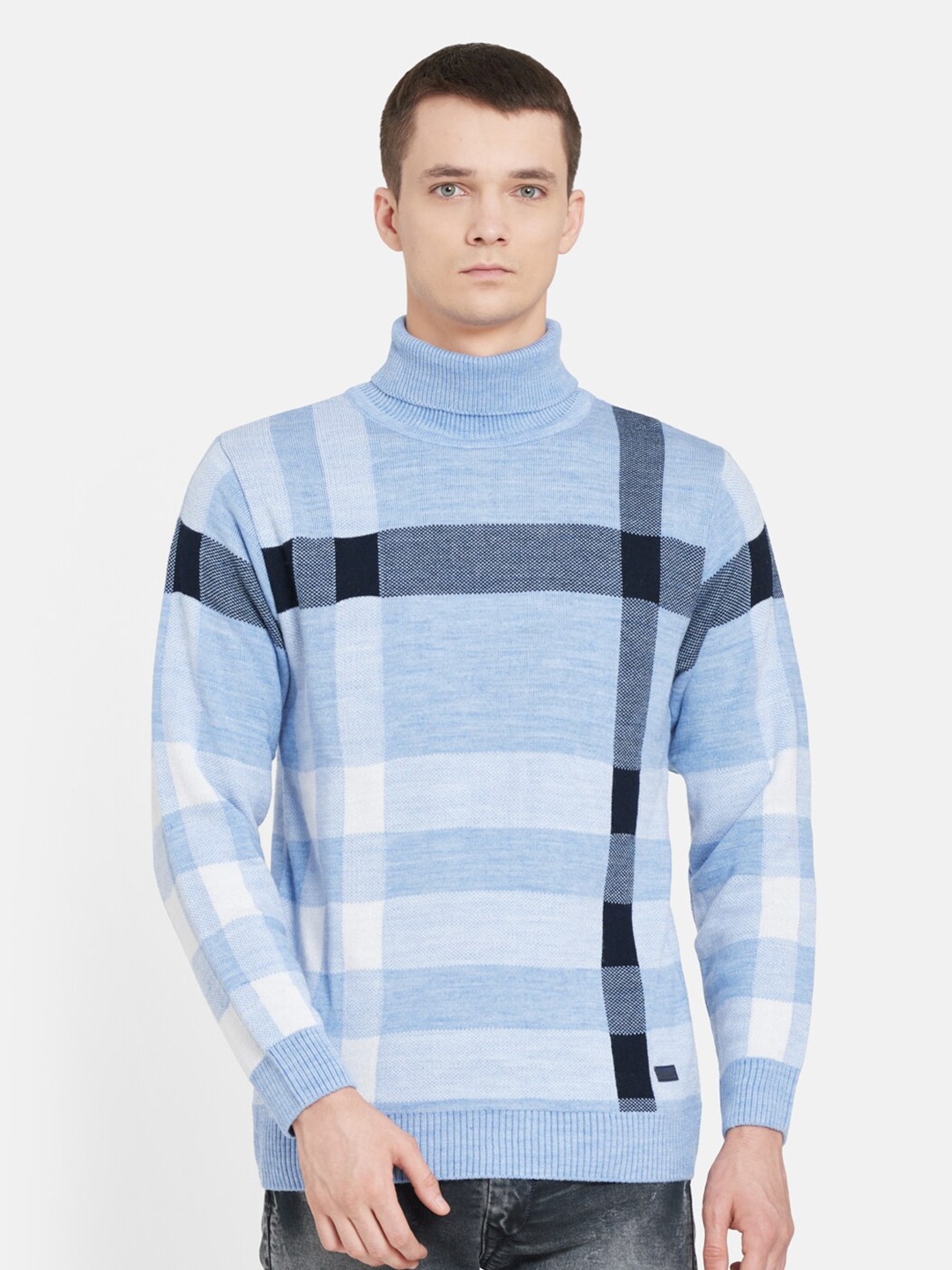 

Duke Checked Turtle Neck Acrylic Pullover, Blue