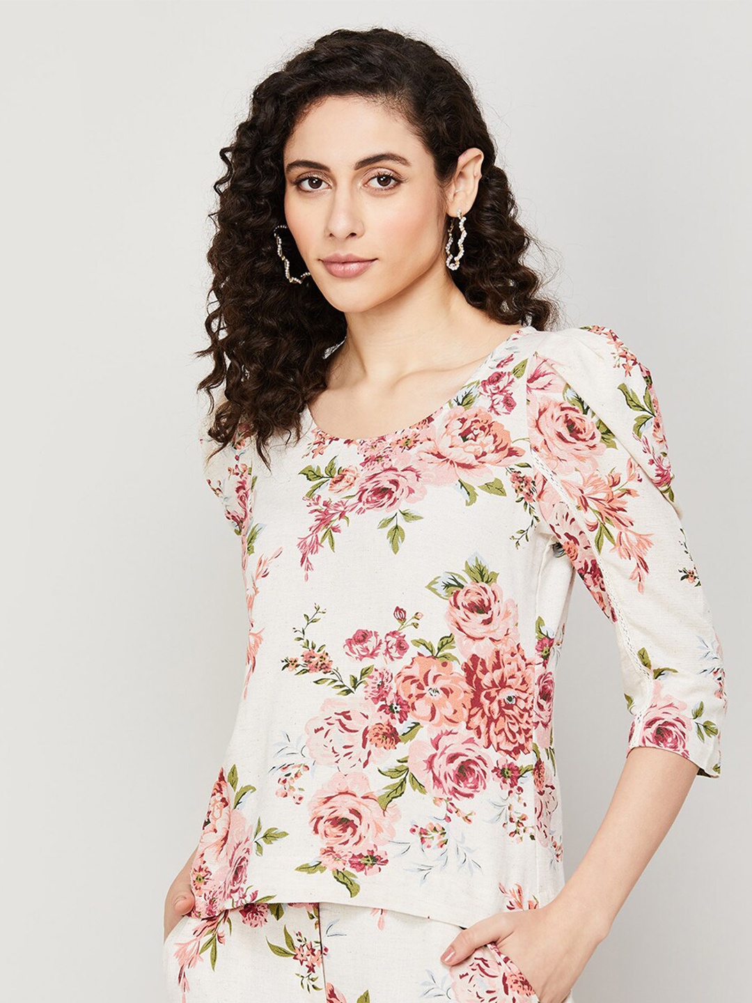 

CODE by Lifestyle Floral Printed Puff Sleeves Top, Beige