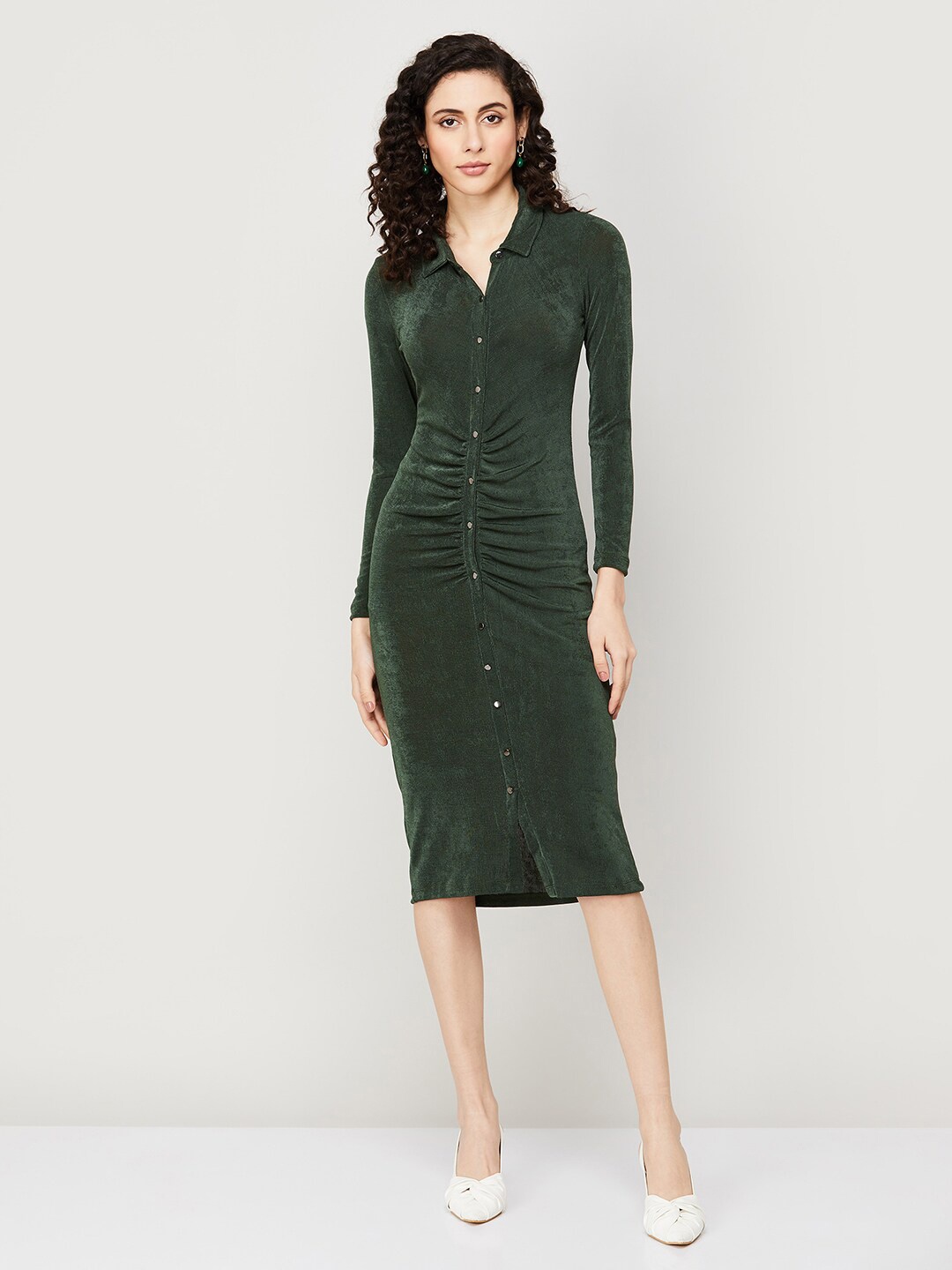 

CODE by Lifestyle Shirt Collar Full Sleeves A-Line Midi Dress, Green