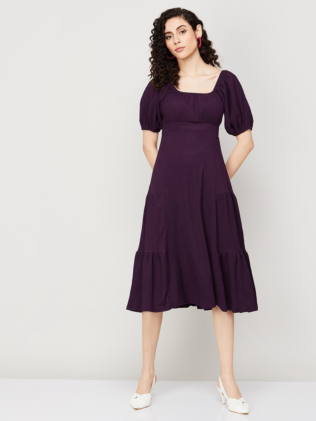 

CODE by Lifestyle Tiered Detailed Square Neck Puff Sleeves Empire Dress, Purple