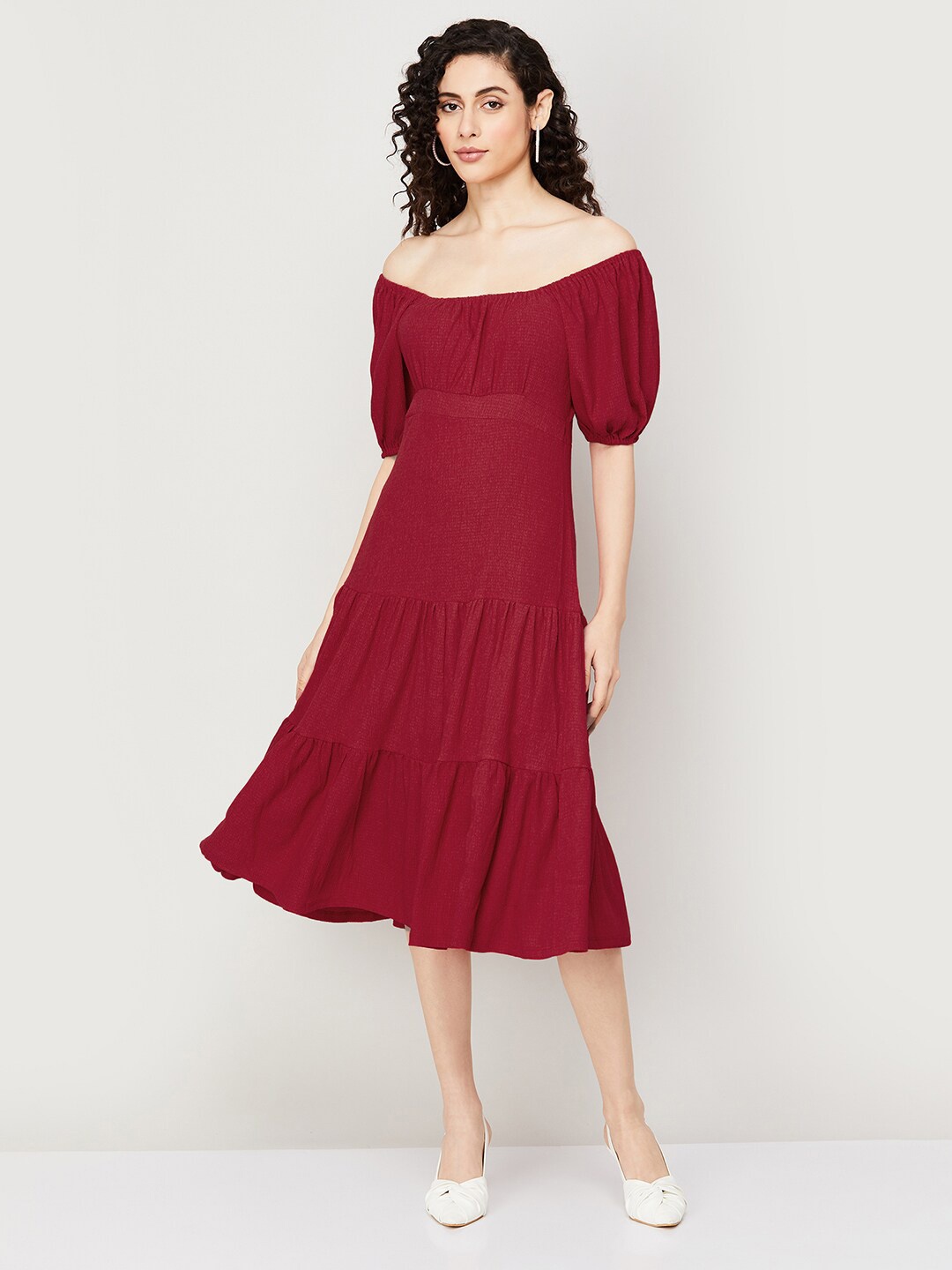 

CODE by Lifestyle Off-Shoulder Puff Sleeve A-Line Midi Dress, Red