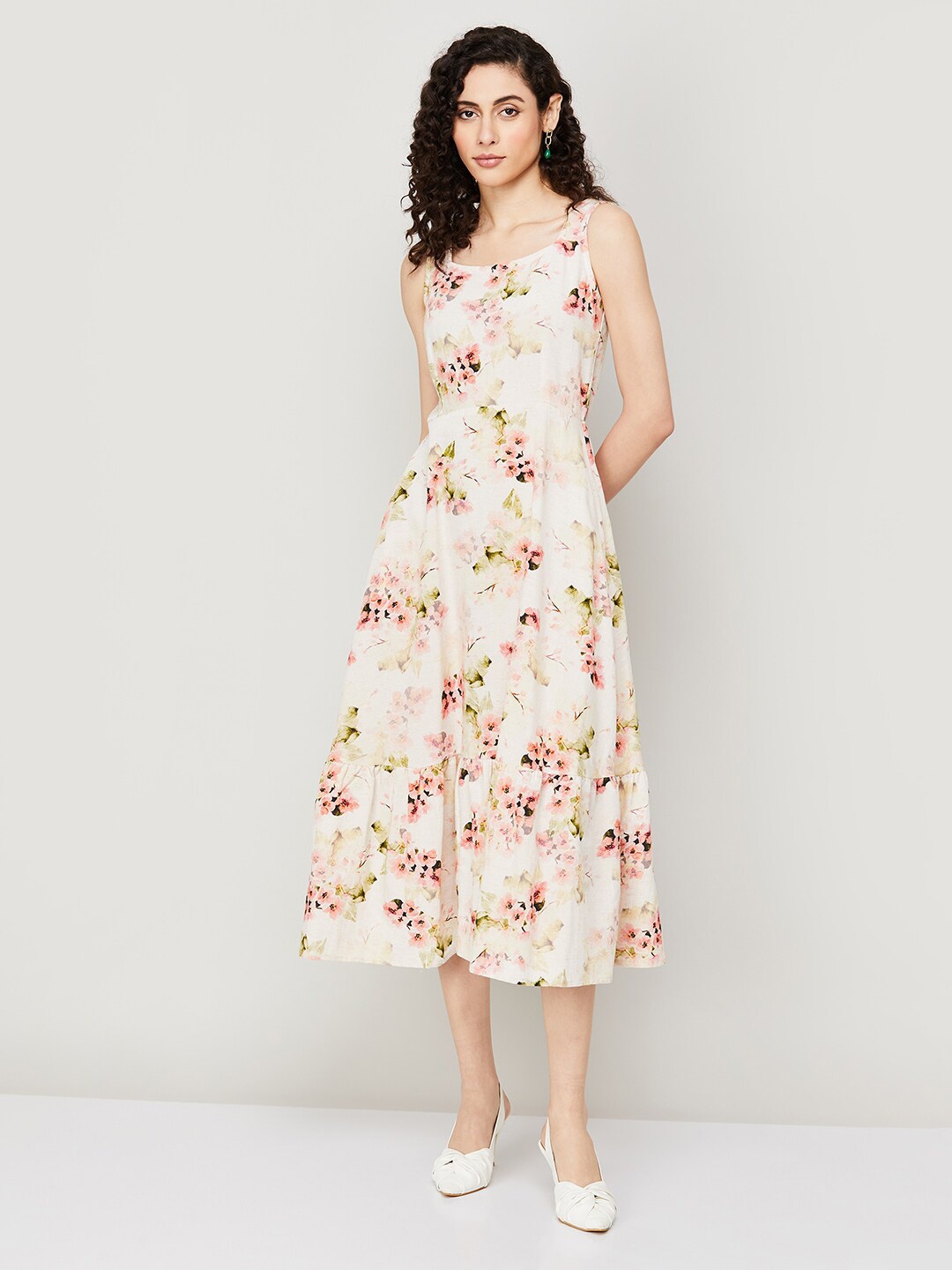 

CODE by Lifestyle Floral Printed Square Neck Sleeveless Cotton A-Line Midi Dress, Beige