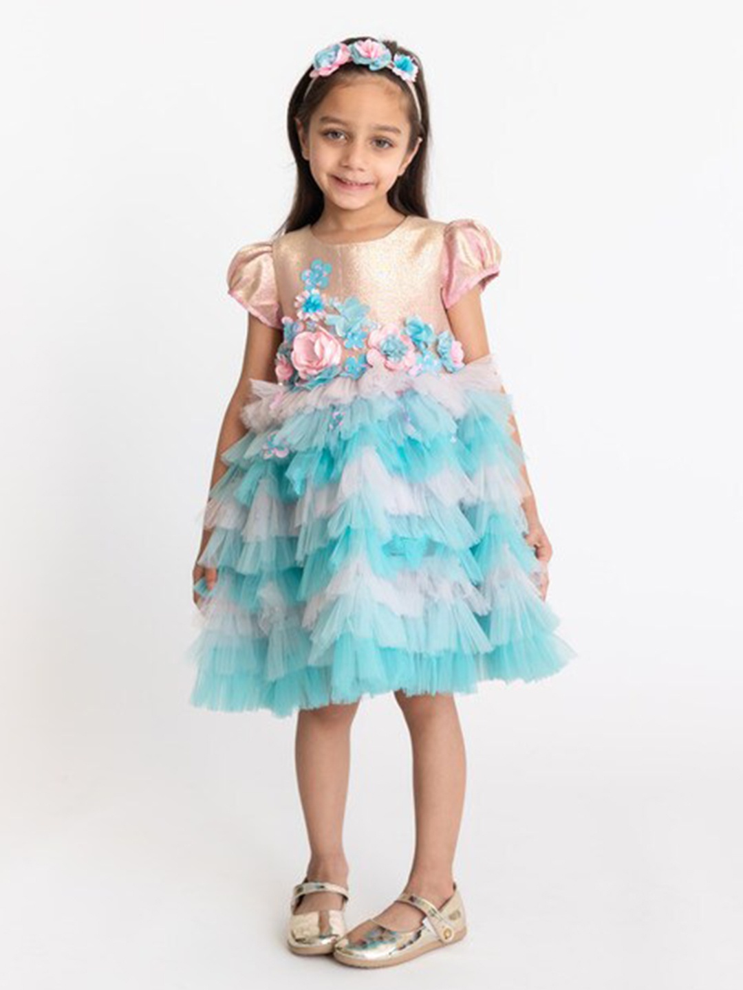 

A Little Fable Girls Tie and Dye Print Net A-Line Dress, Blue