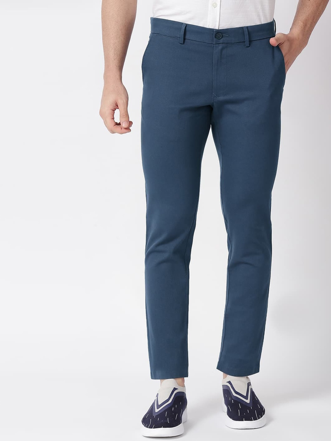 

Basics Men Mid-Rise Tapered Fit Cotton Chinos Trousers, Blue