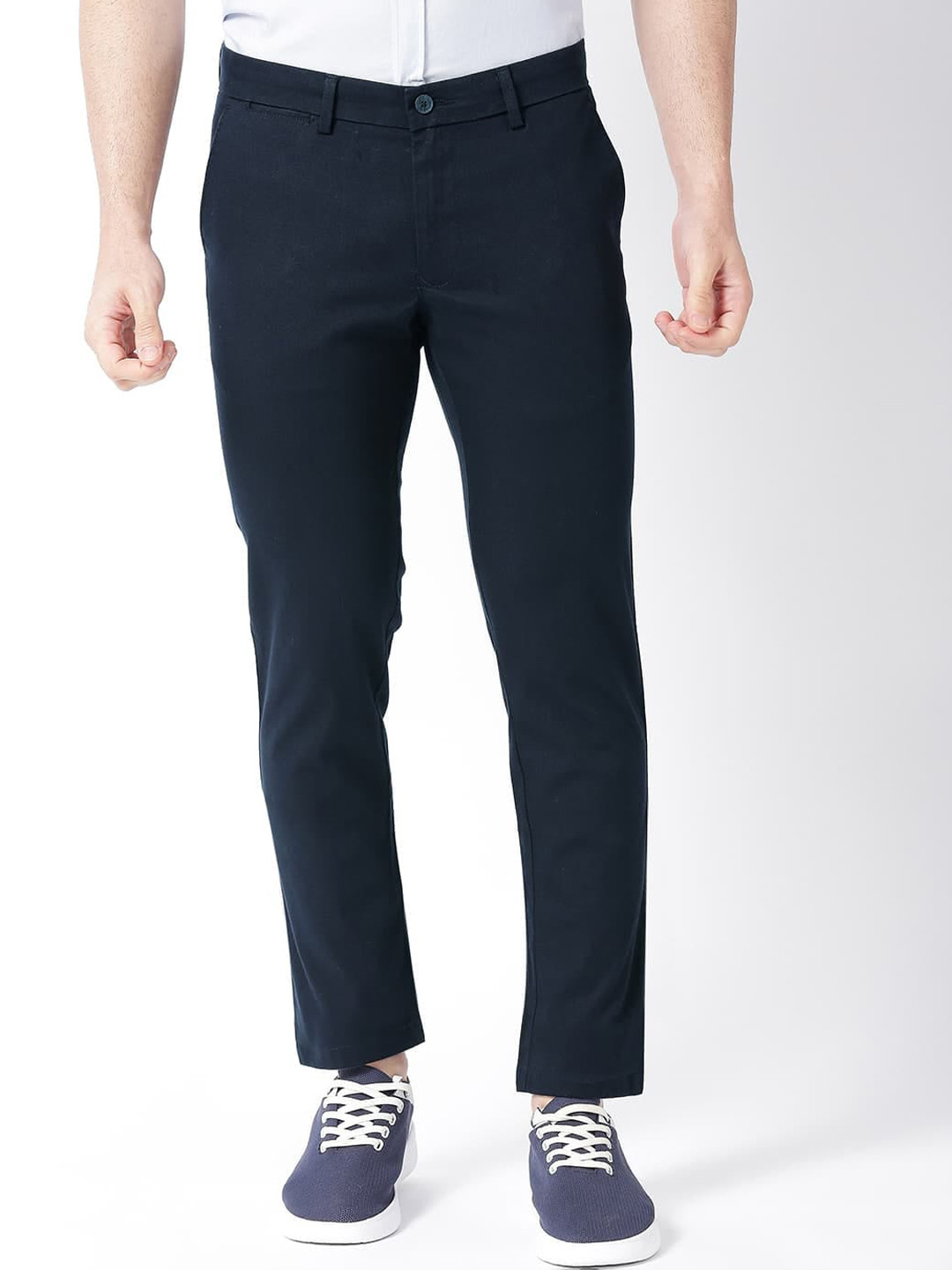 

Basics Men Tapered Fit Mid-Rise Cotton Trousers, Navy blue