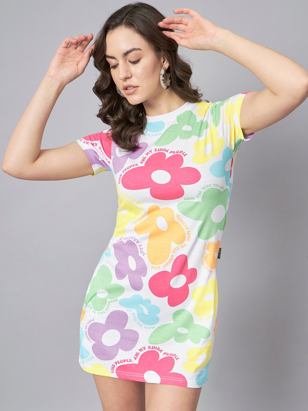 

The Dry State White, Red & Green Floral Printed Round Neck Sheath Mini Dress