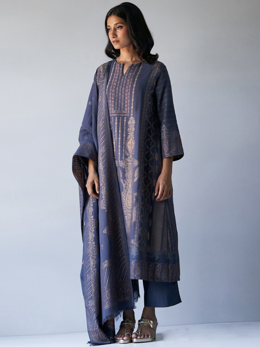 

Ganga Ethnic Motifs Woven Design Pure Cotton Regular Kurta & Palazzos With Dupatta, Grey