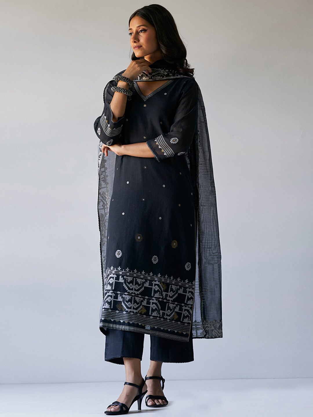 

Ganga Ethnic Motifs Regular Chanderi Cotton Kurta & Palazzos With Dupatta, Black