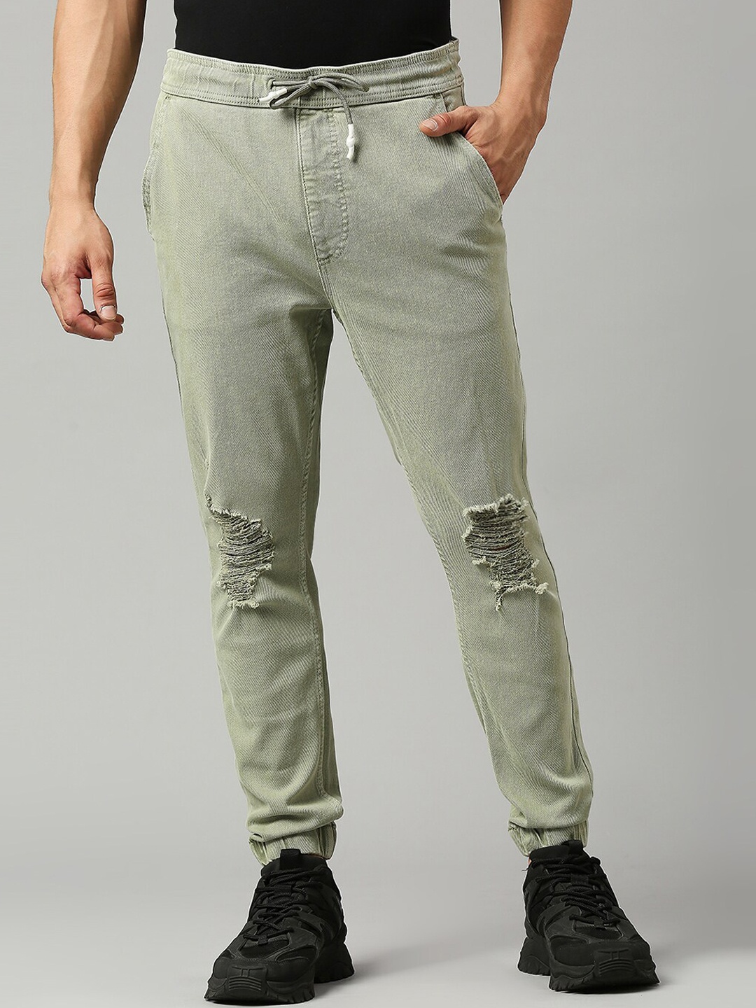 

LOVEGEN Men Relaxed Fit Mildly Distressed Clean Look Cotton Jogger Jeans, Olive