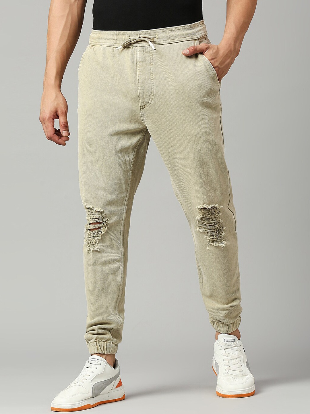 

LOVEGEN Men Mid-Rise Relaxed-Fit Distressed Cotton Joggers, Beige