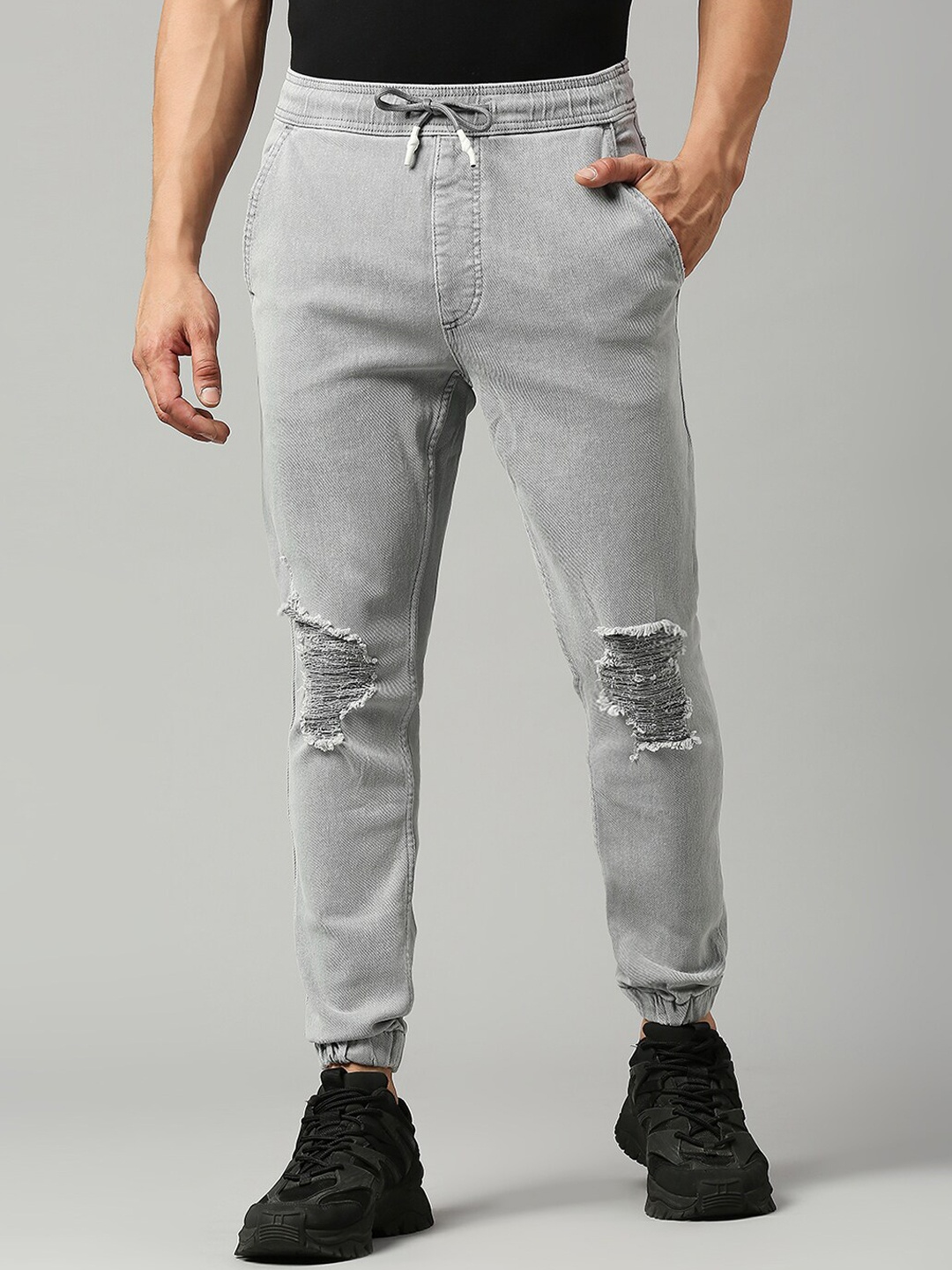 

LOVEGEN Men Mid-Rise Relaxed-Fit Distressed Cotton Joggers, Grey