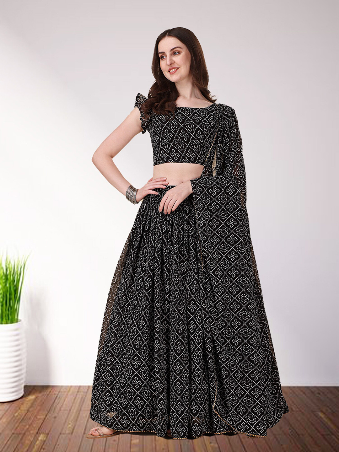 

N N ENTERPRISE Printed Semi-Stitched Lehenga & Unstitched Blouse With Dupatta, Black