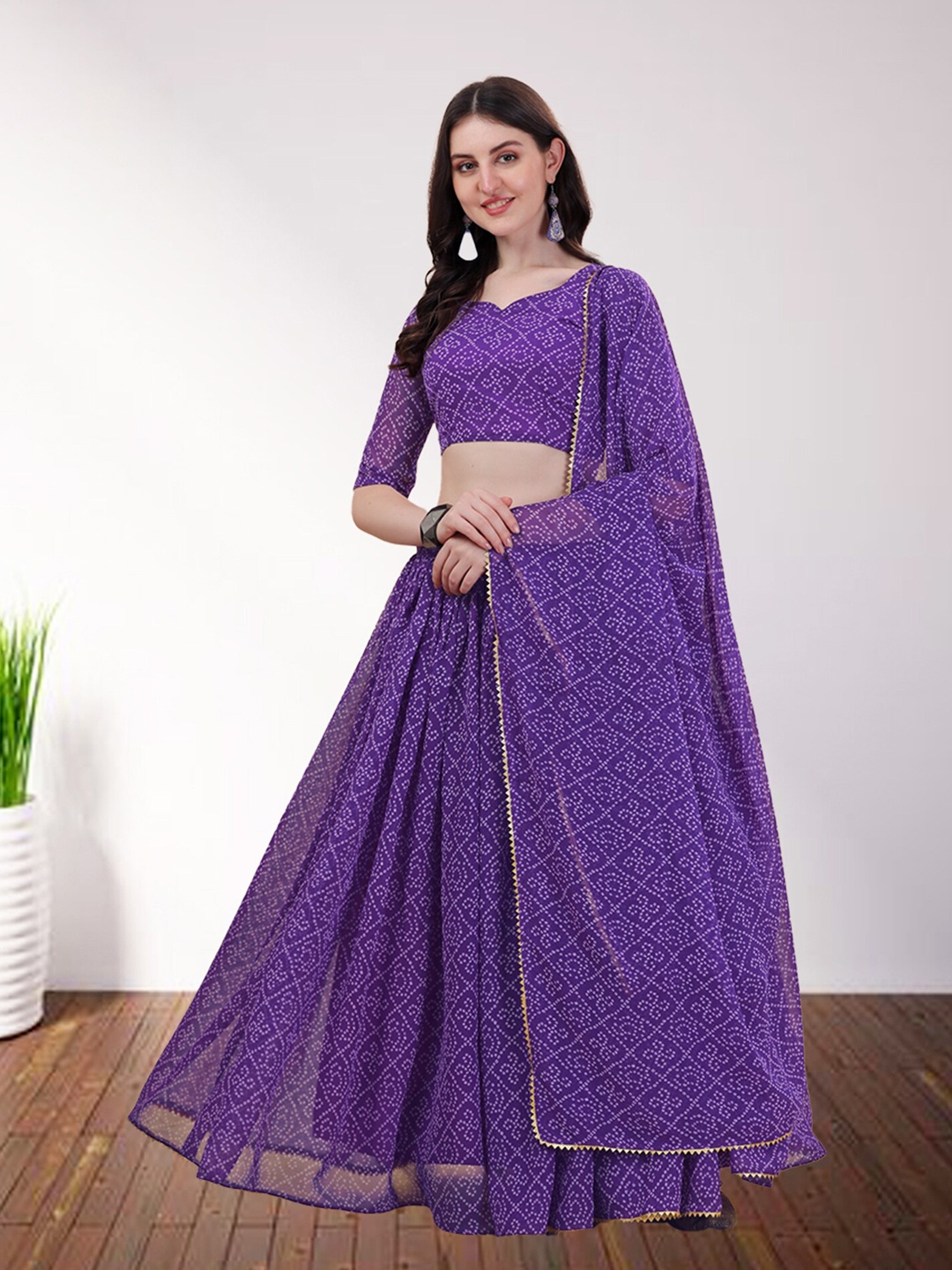 

N N ENTERPRISE Printed Semi-Stitched Lehenga & Unstitched Blouse With Dupatta, Purple