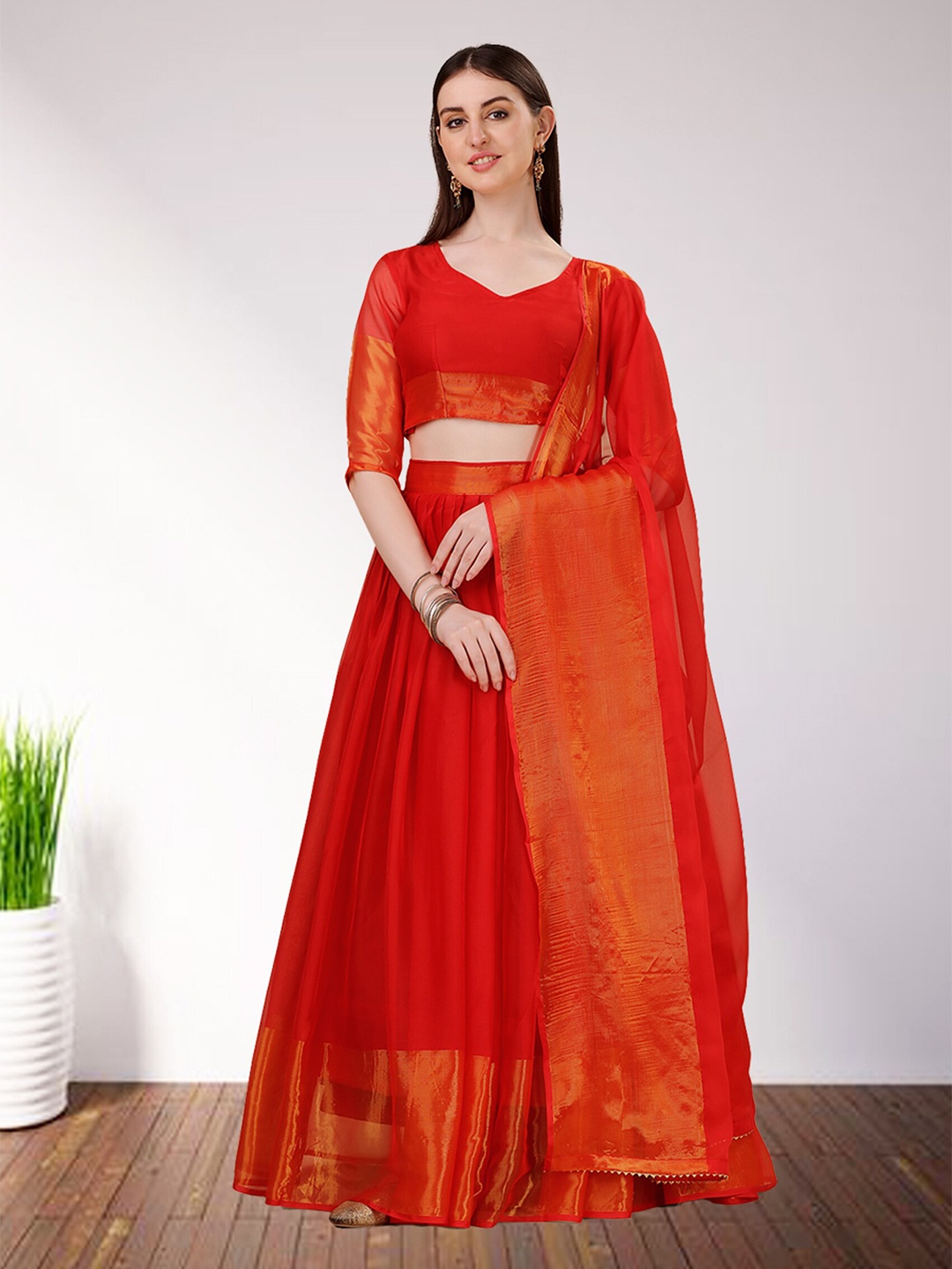 

N N ENTERPRISE Semi-Stitched Lehenga & Unstitched Blouse With Dupatta, Red