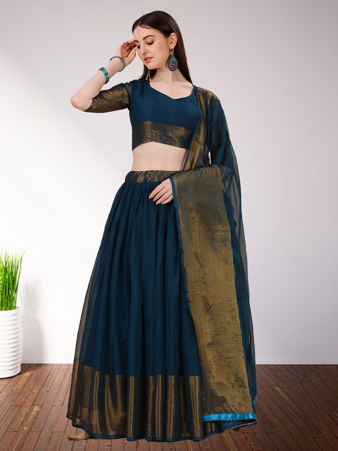 

N N ENTERPRISE Semi-Stitched Lehenga & Unstitched Blouse With Dupatta, Turquoise blue