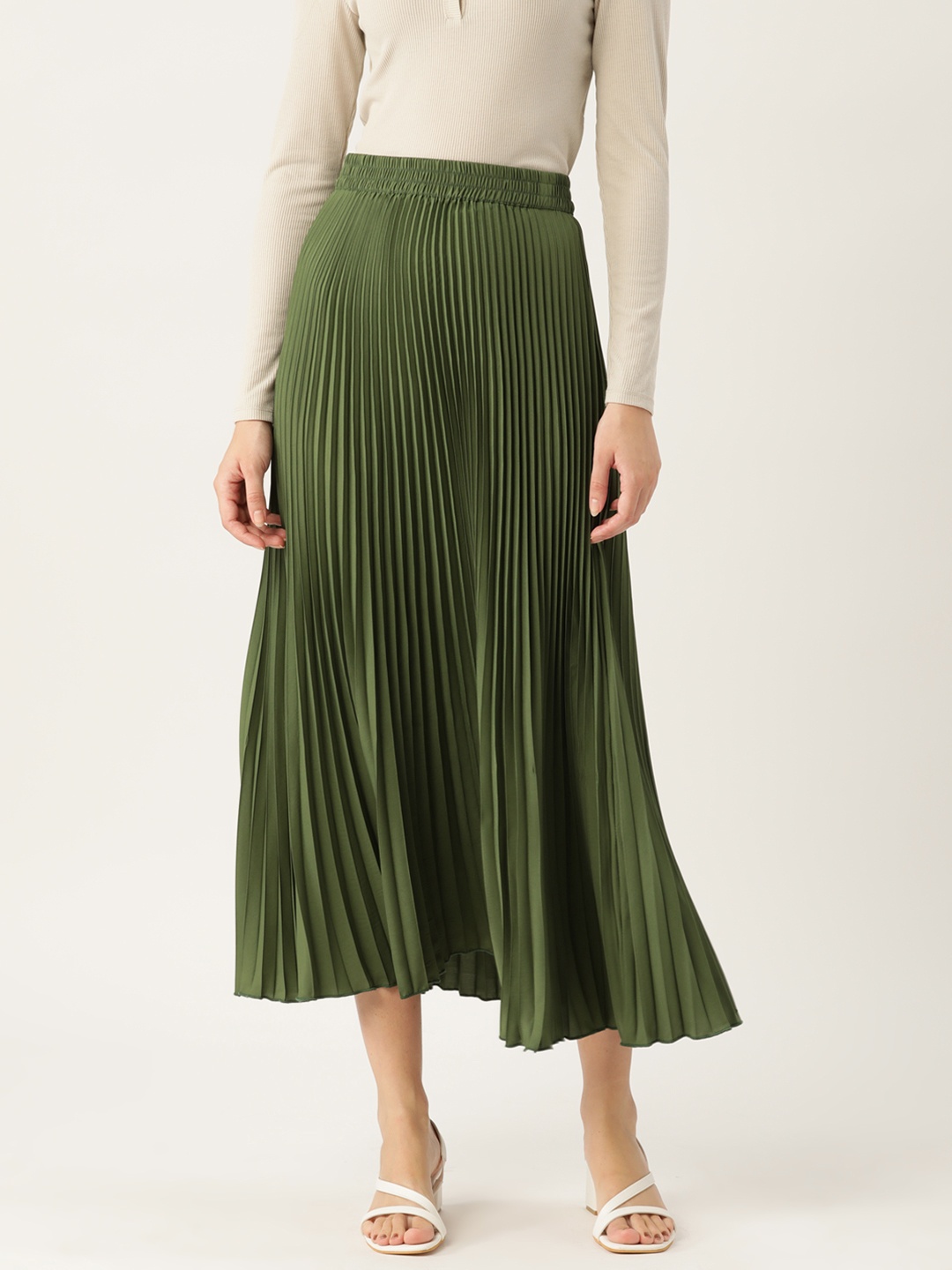 

WISSTLER Solid Pleated Flared Midi Skirt, Olive