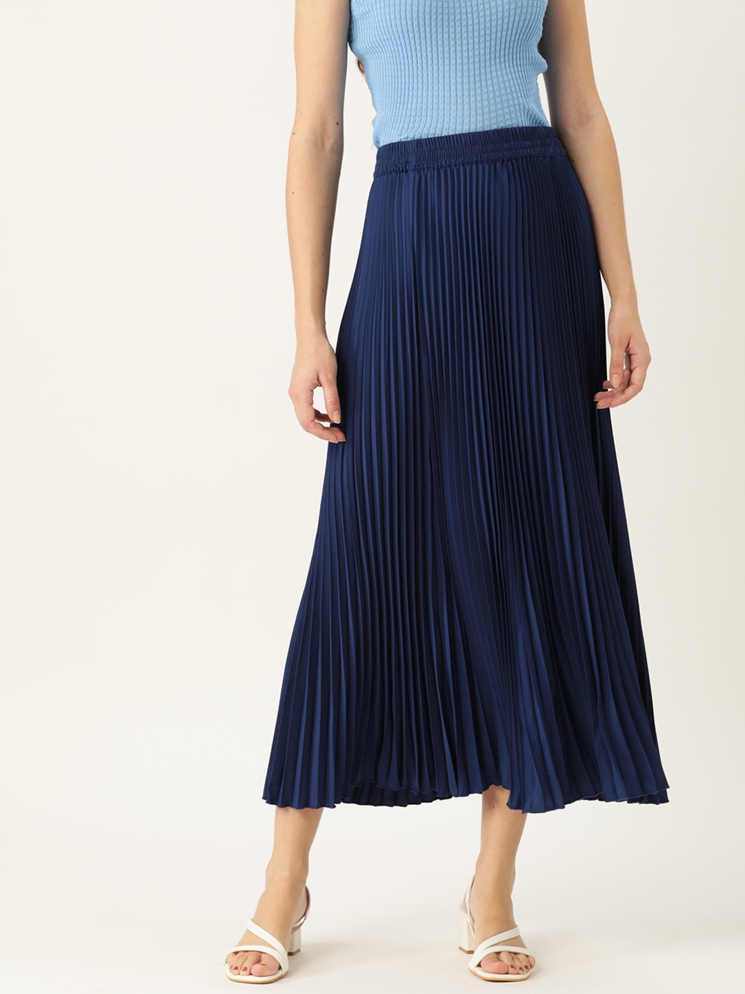 

WISSTLER Solid Pleated Flared Midi Skirt, Navy blue