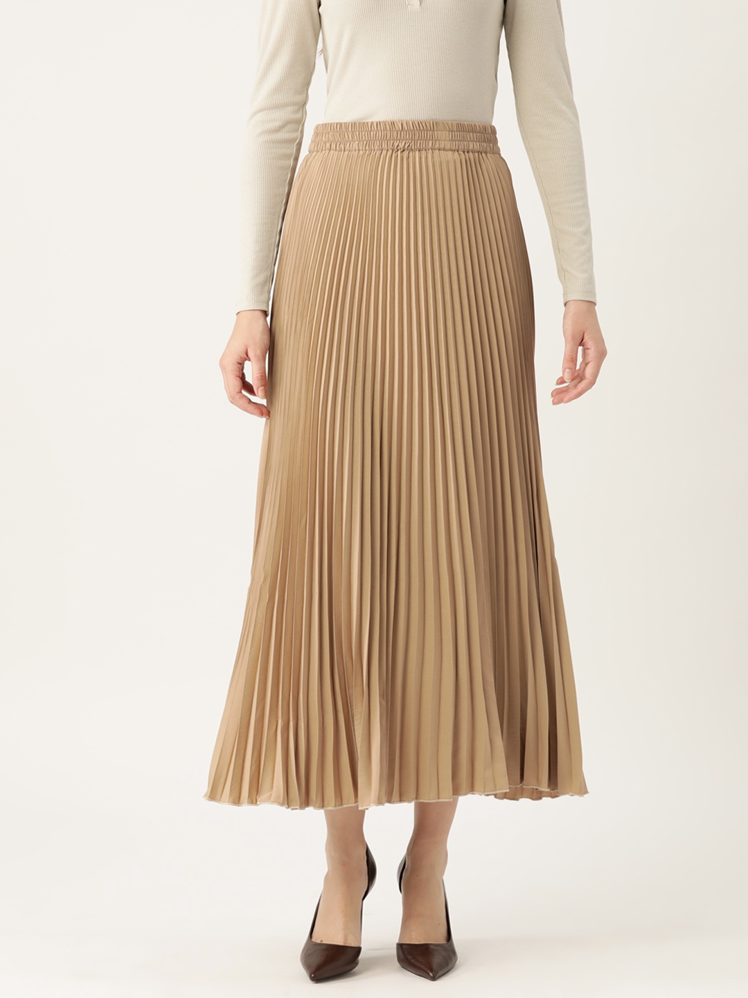 

WISSTLER Solid Pleated Flared Midi Skirt, Khaki