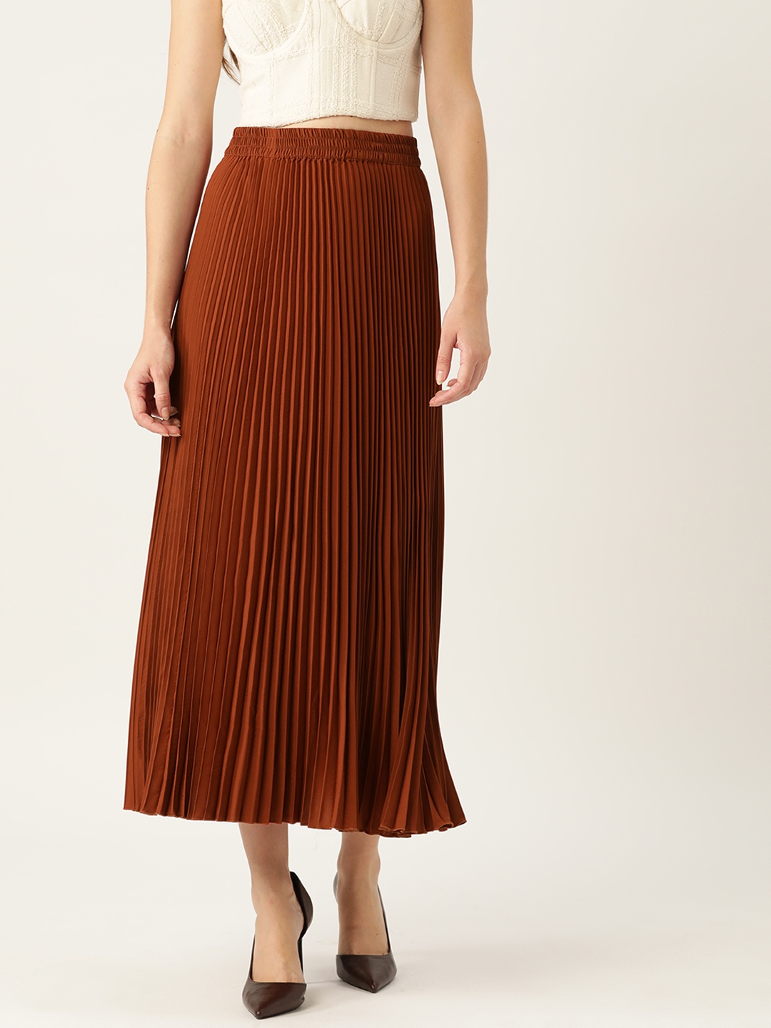 

WISSTLER Solid Pleated Flared Midi Skirt, Rust