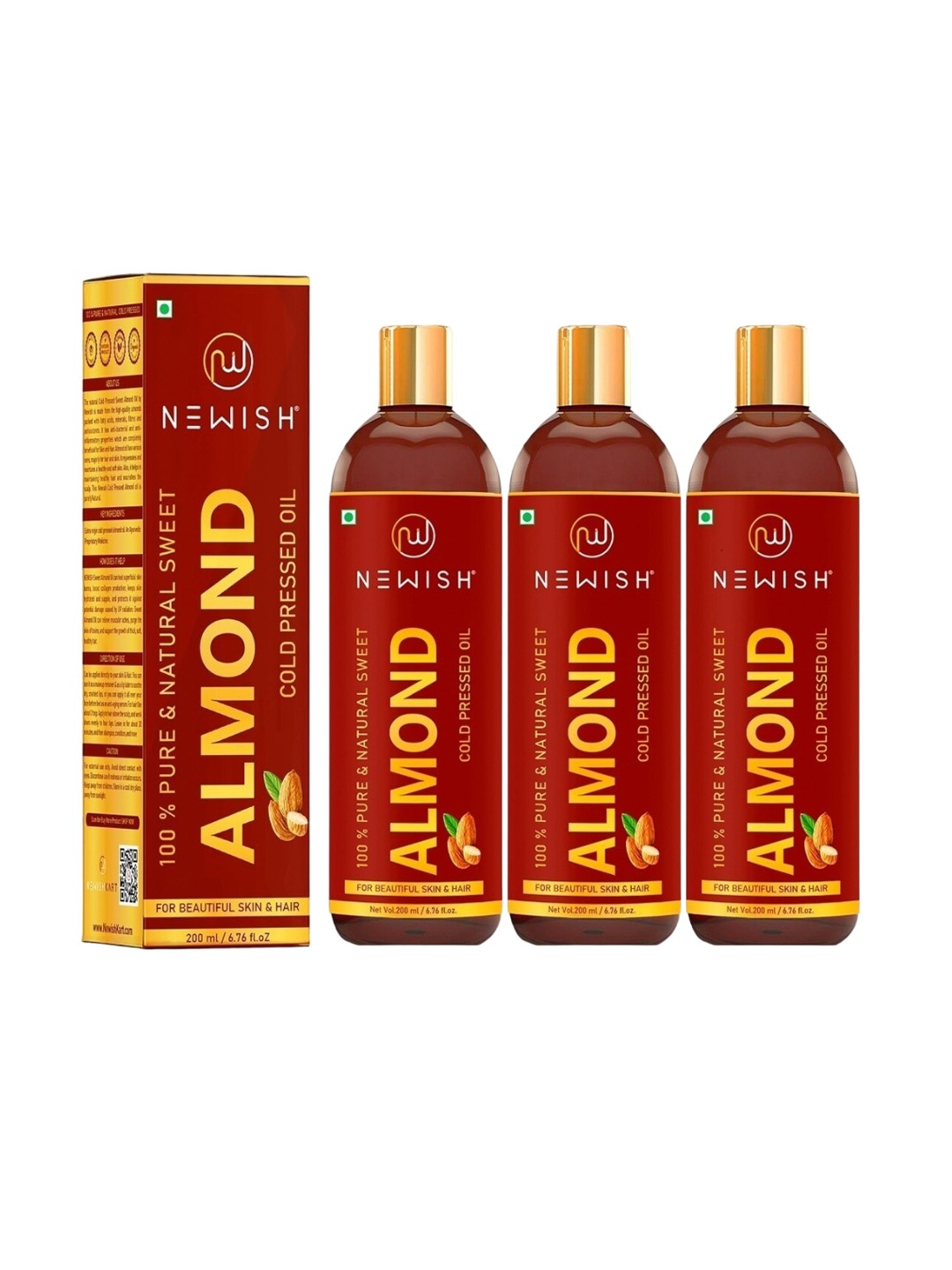 

NEWISH Set of 3 Pure & Natural Cold Pressed Sweet Almond Oil - 200ml Each, Red
