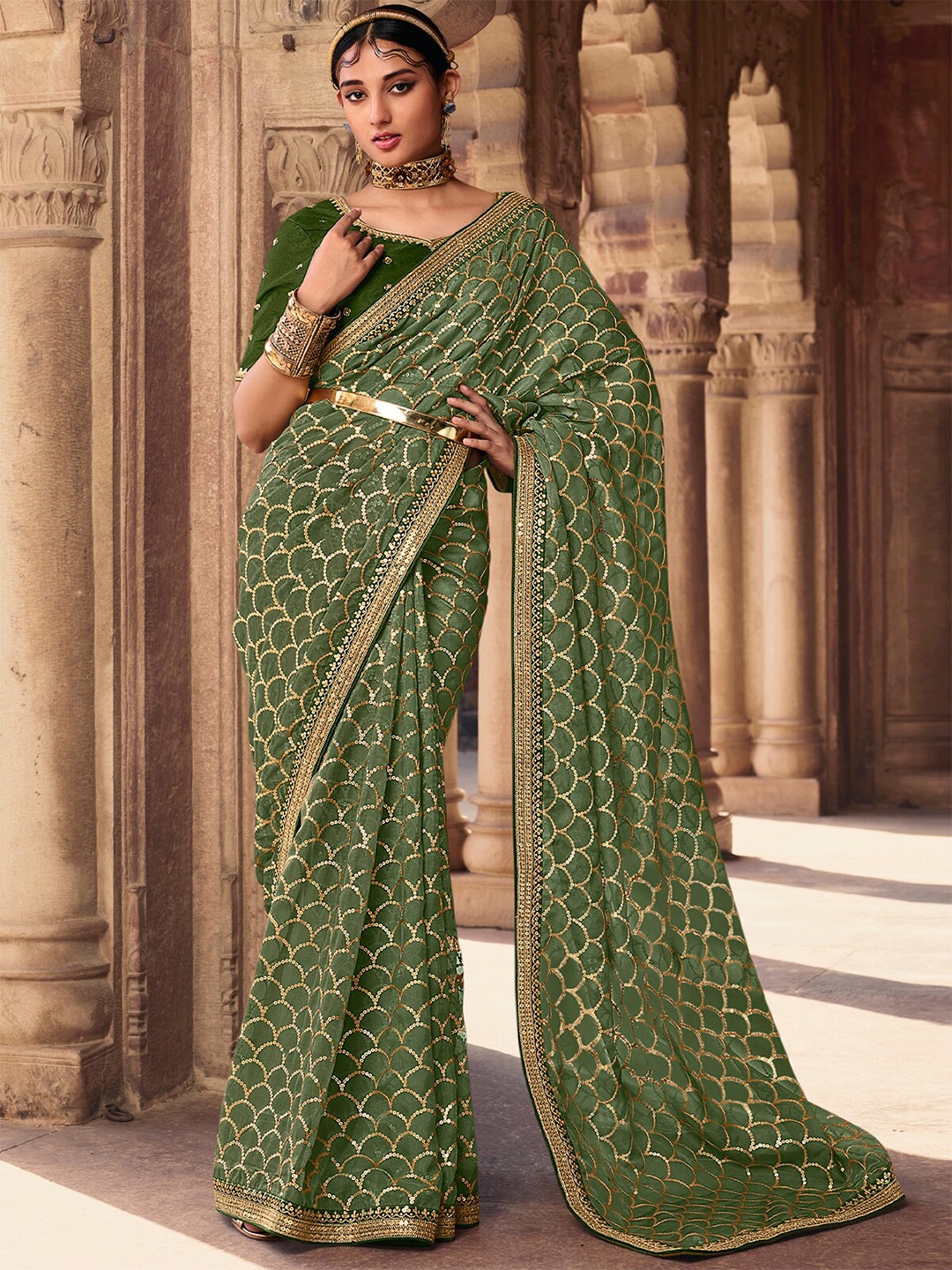 

ODETTE Embellished Sequinned Organza Saree, Green