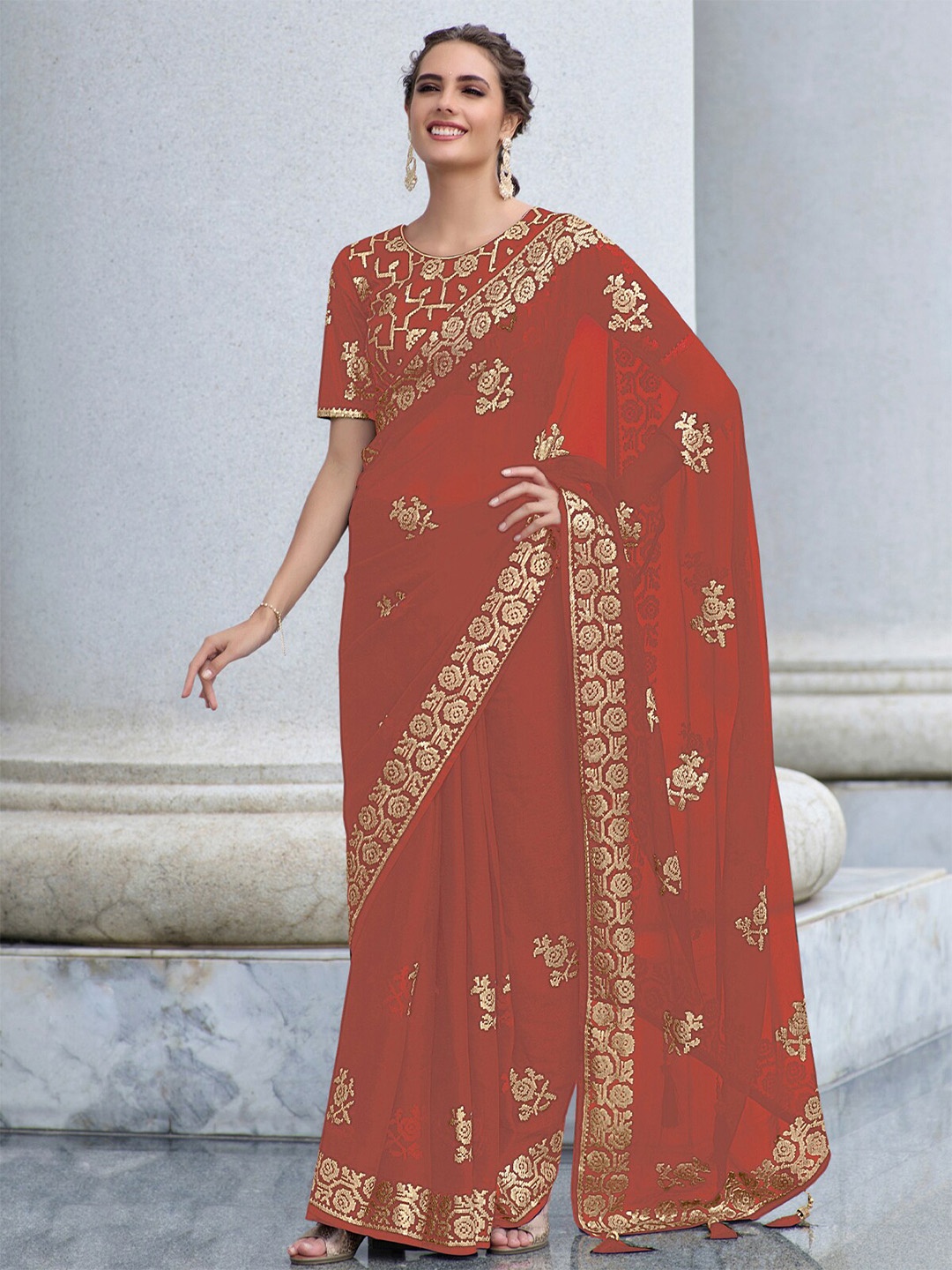 

ODETTE Ethnic Motifs Woven Design Zari Saree, Red