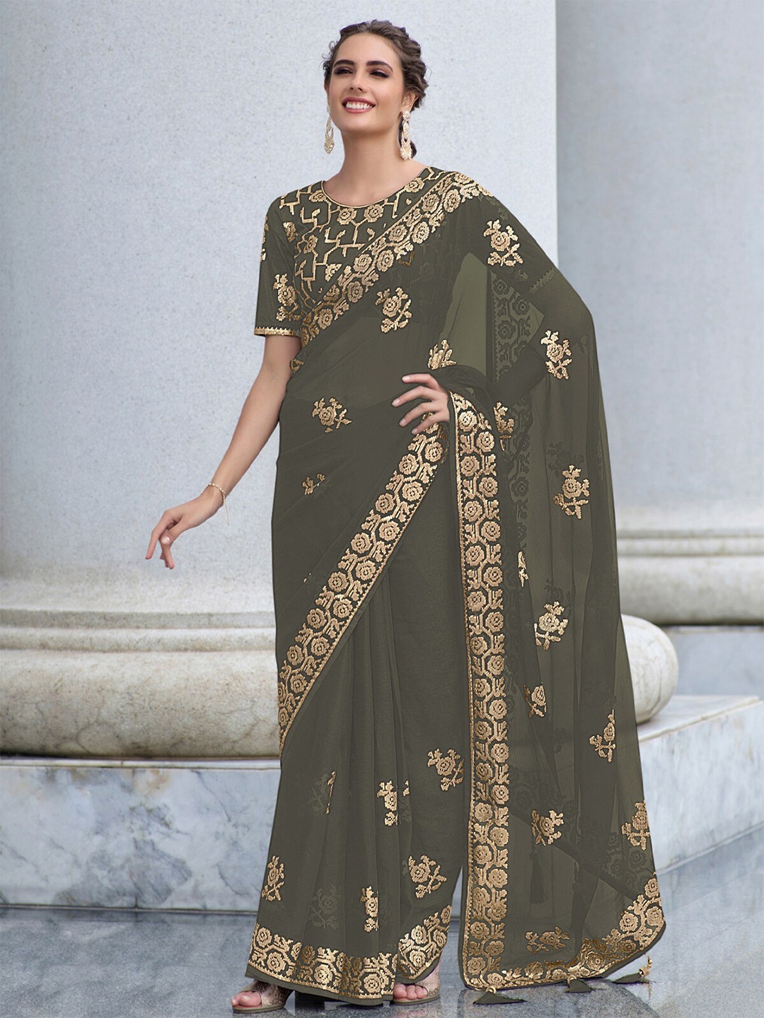 

ODETTE Floral Printed Saree, Grey
