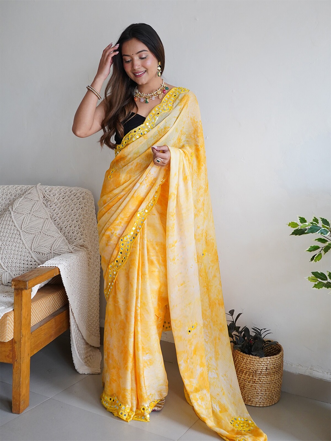 

ODETTE Abstract Printed Embellished Mirror Work Saree, Yellow