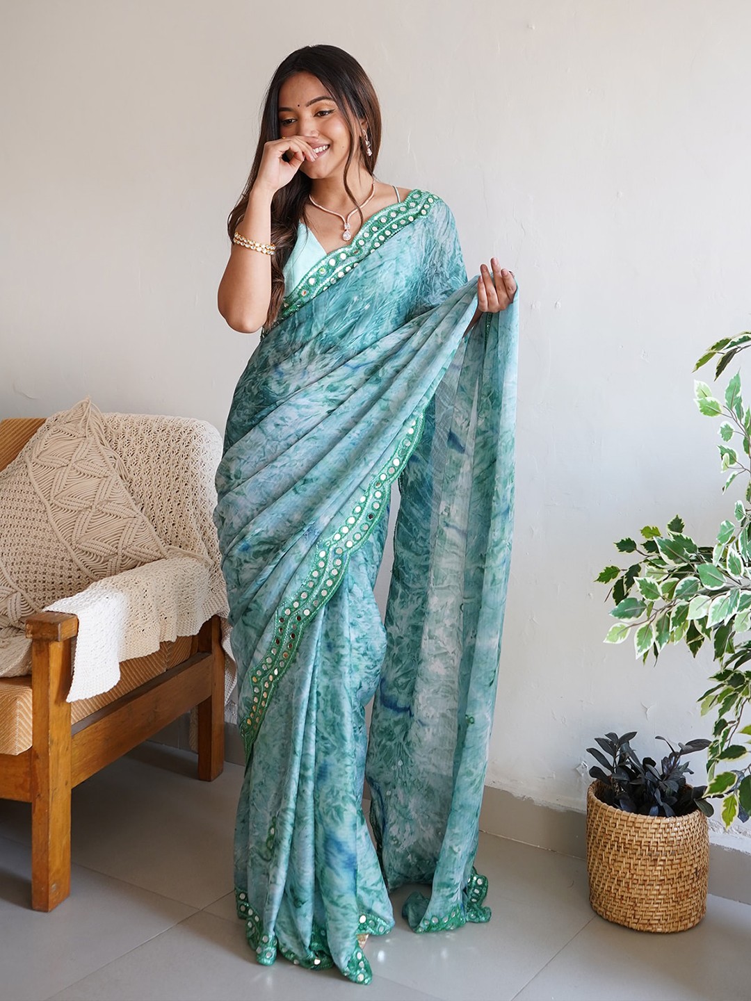 

ODETTE Abstract Printed Embellished Mirror Work Saree, Sea green