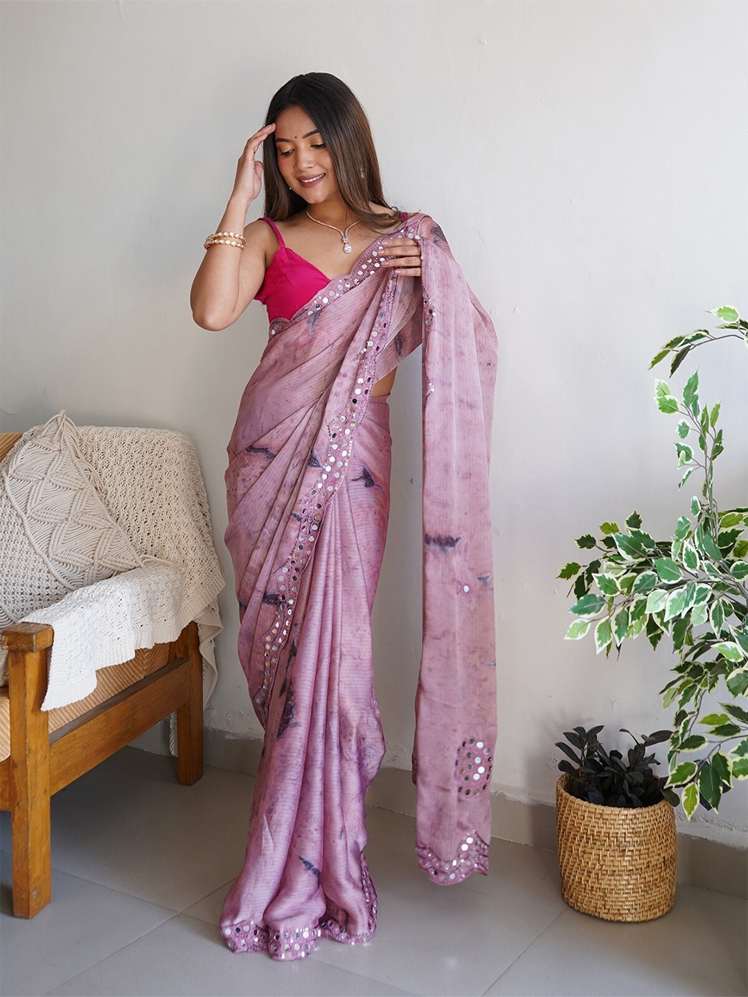 

ODETTE Tie And Dye Mirror Work Saree, Lavender