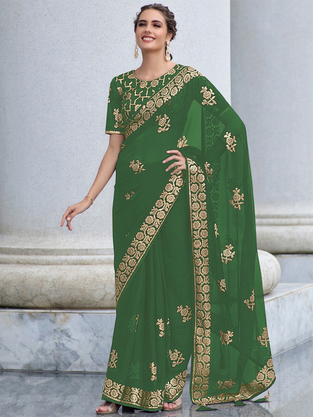 

ODETTE Ethnic Motifs Woven Design Zari Saree, Green