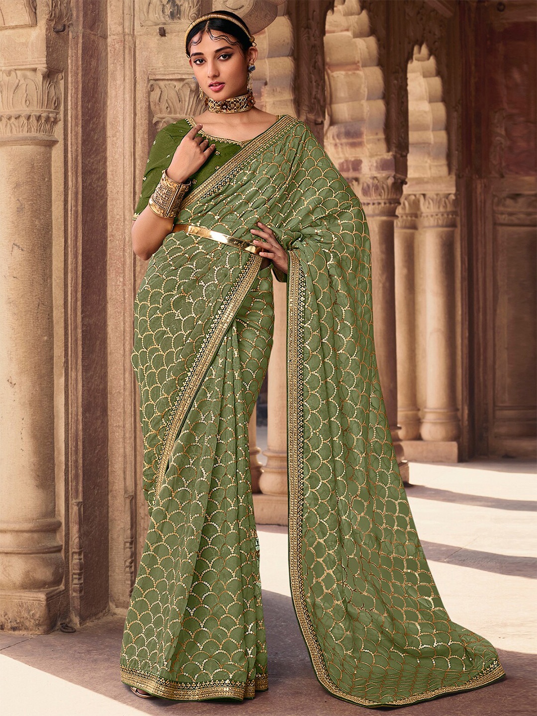 

ODETTE Geometric Embellished Organza Saree, Olive