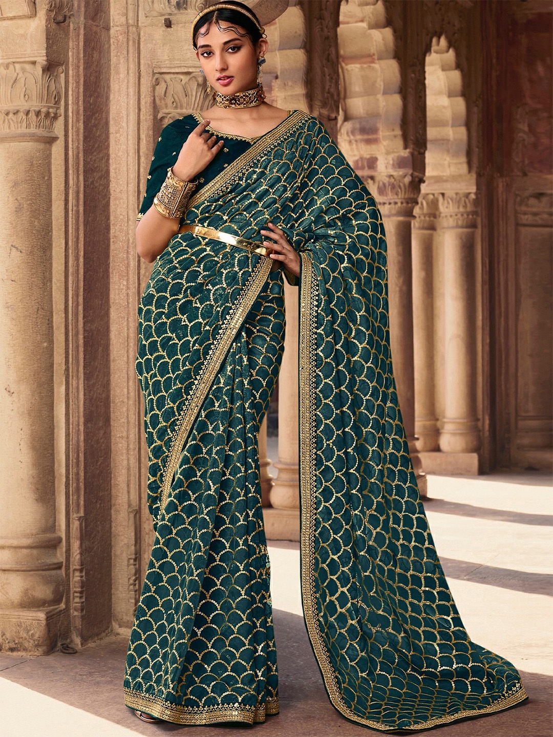 

ODETTE Geometric Embellished Organza Saree, Green