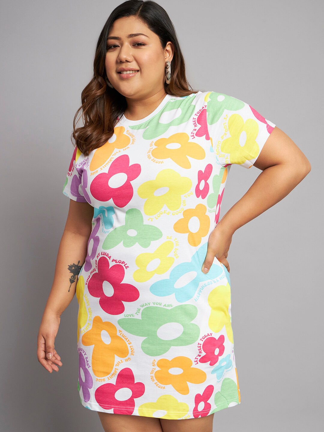 

BEYOUND SIZE - THE DRY STATE Plus Size Floral Printed Cotton T-shirt Dress, White