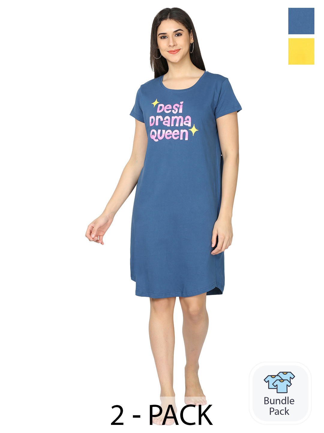 

9shines Label Pack Of 2 Women Hosiery Cotton Graphic Printed Short Nightdress, Blue